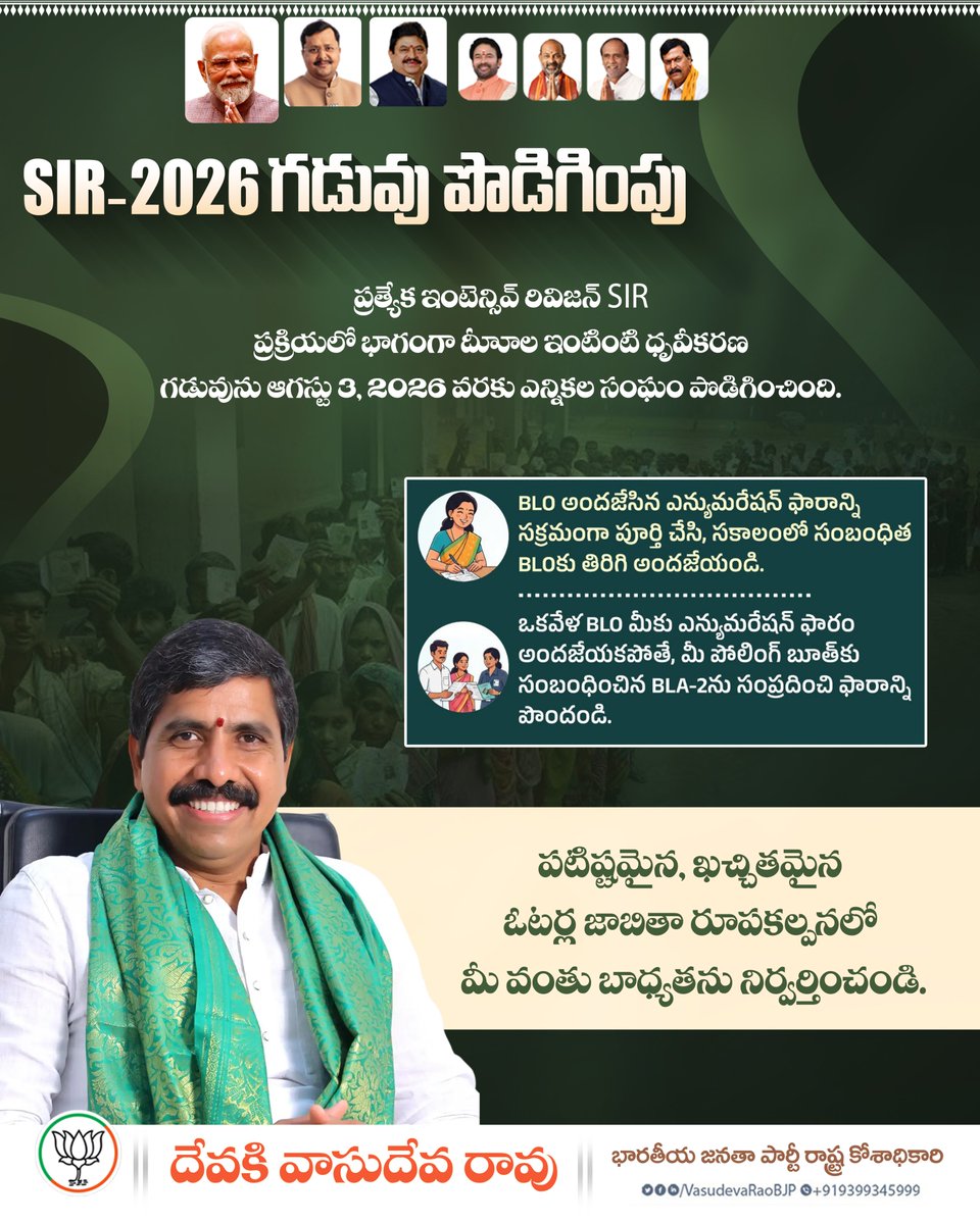 VasudevaRaoBJP's tweet photo. SIR-2026 గడువు పొడిగింపు

ప్రత్యేక ఇంటెన్సివ్ రివిజన్ SIR ప్రక్రియలో భాగంగా దీల ఇంటింటి ధృవీకరణ గడువును ఆగస్టు 3, 2026 వరకు ఎన్నికల సంఘం పొడిగించింది...🙏🏻

#SIR #2026 #aug3rd https://t.co/lVH1xcpMhX