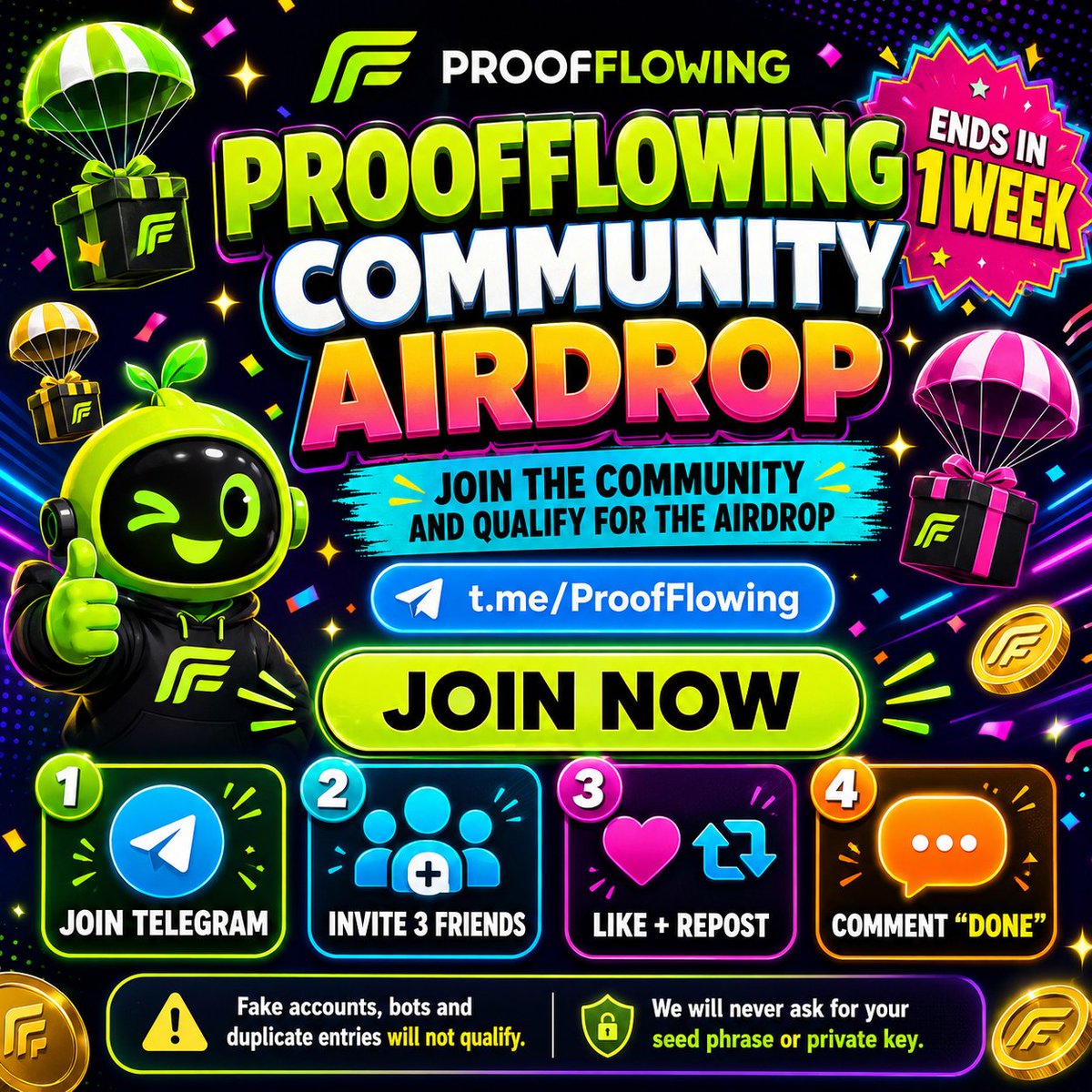 ProofFlowing's tweet photo. 🚀 ProofFlowing Community Airdrop! 🚀

Join the official ProofFlowing Telegram community and complete the steps below for a chance to participate:

✅ Join: https://t.co/fFmAOG4K7S
✅ Invite 3 real friends to the Telegram community
✅ Like and repost this post
✅ Comment “Done” with your Telegram username
📅 Promotion ends: July 24, 2026