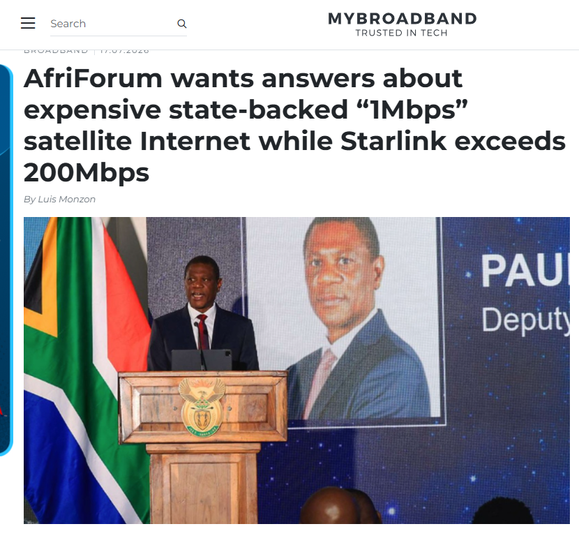 afriforum's tweet photo. Dink jy die regering se keuse van tegnologie-vennote moet deur rasvereistes bepaal word?
@AfriForum eis antwoorde oor duur staatsgesteunde "1 Mbps"-satellietinternet terwyl Starlink meer as 200 Mbps lewer.
Dit volg ná adjunkpresident Paul Mashatile se onlangse aankondiging van die bekendstelling van BrainSAT Satellite Services, 'n Suid-Afrikaanse staatsgesteunde satellietinternetdiens.