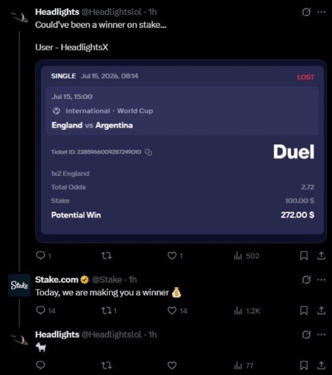 TFAnalysis's tweet photo. England’s goal would have been enough for this guy to win on Stake but even though he lost on another platform, Stake still paid him out. https://t.co/Iu9Ch1w780