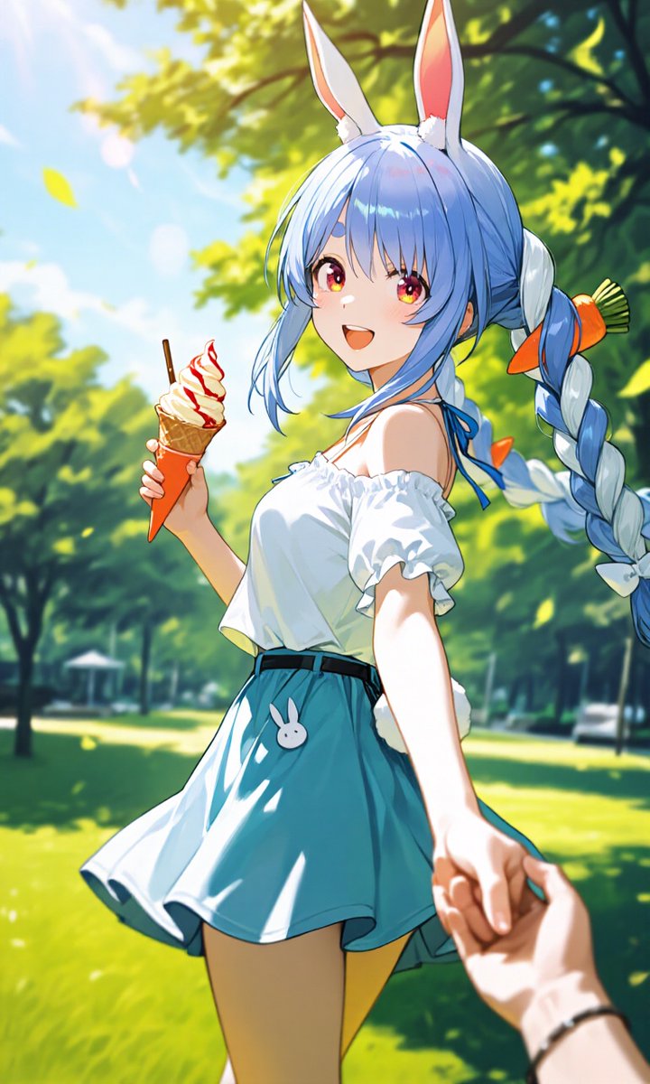 KuroiNu_17's tweet photo. 起きてー！今日の特別デート、ぺこらはもう準備バッチリなんだから早く行こうよ！

新緑すっごく綺麗だね！ ほらアイス溶けちゃうよ🍦 手、繋いでもいい…？💕

プレゼントもお祝いも嬉しすぎるよ🎁 今日一日本当に幸せだったぺこ…これからも隣にいてね！大好きだぞ

#ホロライブ #兎田ぺこら
#AIイラスト