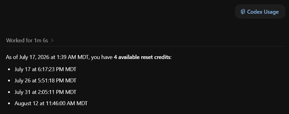 rxmphai's tweet photo. Just a heads up that most Codex users might have a banked reset that expires today!

With this Codex skill I am able to see that exact time that it expires!

npx codexlimits https://t.co/TvBLGi5mJN