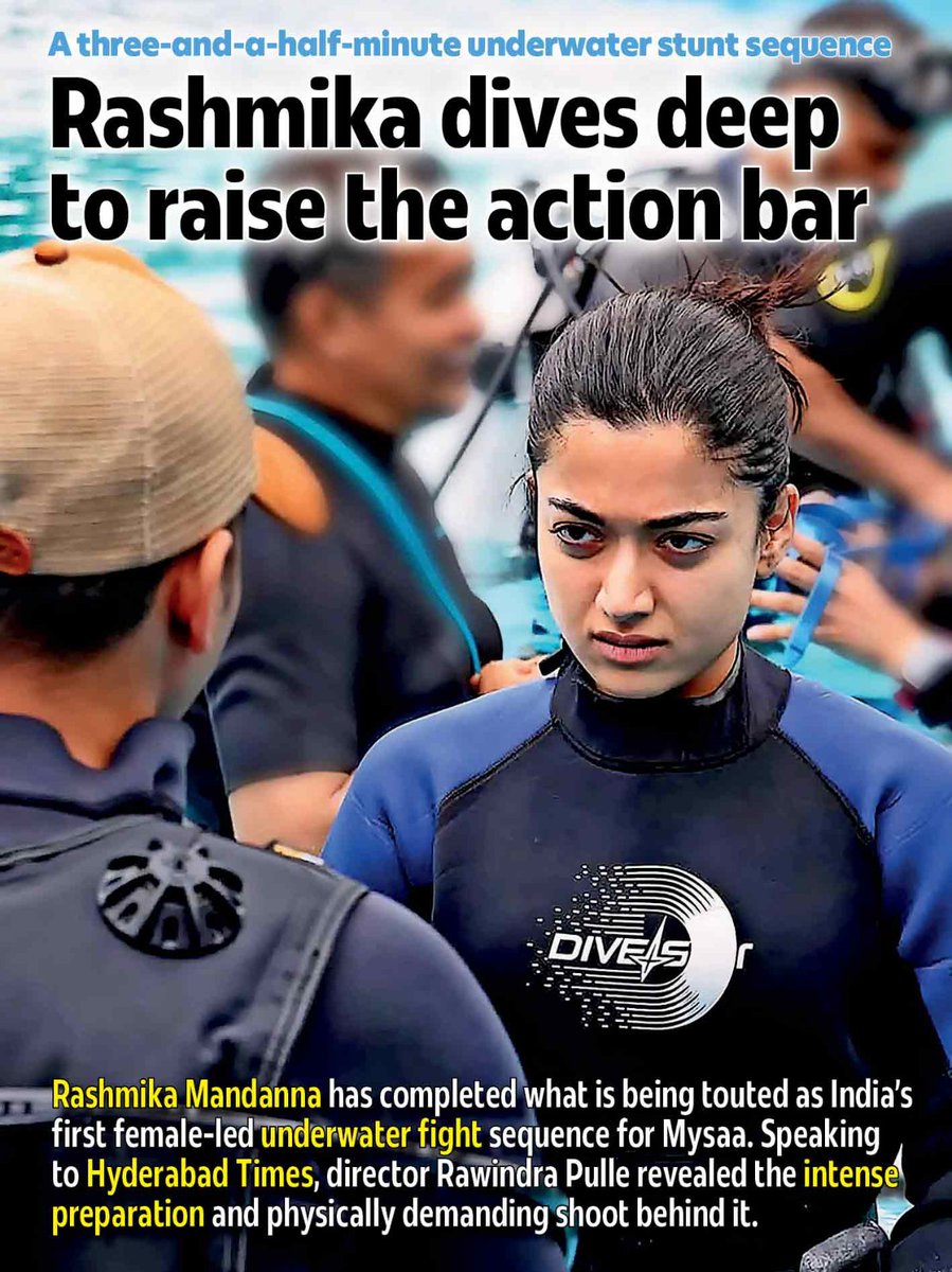 HydTimes's tweet photo. #RashmikaMandanna is pushing boundaries for #Mysaa. She has pulled off what is being billed as India’s first female-led underwater fight sequence, with director #RawindraPulle hinting at the scale and effort behind the ambitious action set-piece
Read: https://t.co/i6cGDEoGhK https://t.co/P2Fky0gK00