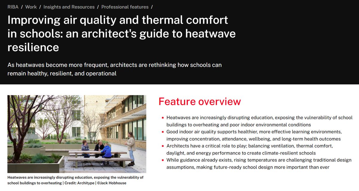 nousaerons's tweet photo. Improving air quality and thermal comfort in schools: an architect's guide to heatwave resilience. As heatwaves become more frequent, architects are rethinking how schools can remain healthy, resilient, and operational.
A paper from @RIBA (🇬🇧 Architects)
https://t.co/GfbKowCwXq https://t.co/paxWux2FGZ
