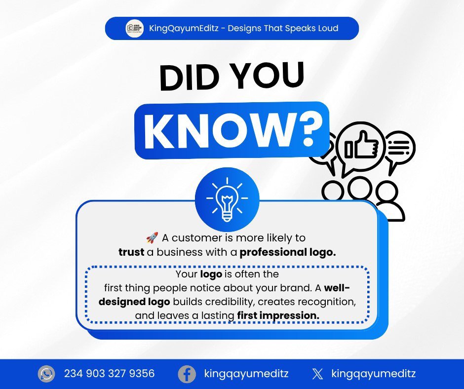 Kingqayumeditz's tweet photo. 🚀 DID YOU KNOW?

A professional logo does more than make your business look good—it helps build trust and makes your brand easier to recognize.

Your logo i

Do you think a logo influences whether you 

📺 Channel: [ https://t.co/gvyEVr9c9r] ]

#DidYouKnow #mundialdefútbol2026 https://t.co/paDcBiWx2U