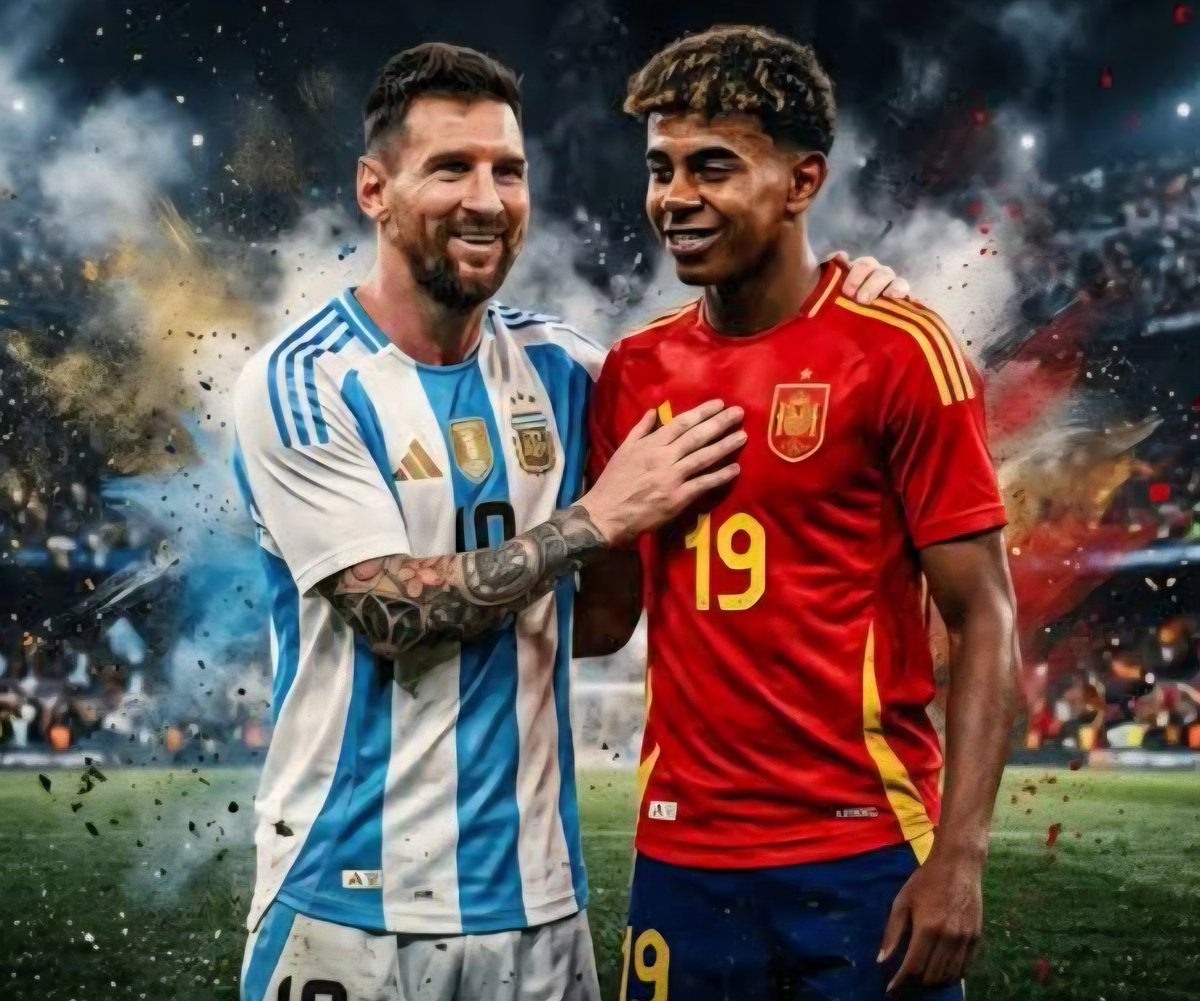 VJJunior_256's tweet photo. No one would be happier than Messi seeing Yamal lift the World Cup, just as no one would be prouder than Yamal watching his mentor and football godfather, Messi, retire honorably on the world's biggest stage.

Argentina vs Spain it's going to be a friendly match No hate watch https://t.co/M9Pg9JaH77