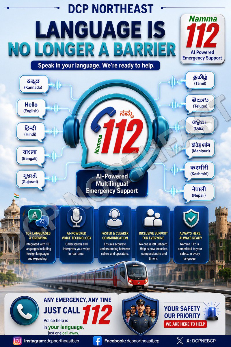 DCPNEBCP's tweet photo. ಭಾಷೆ ಅಡ್ಡಿಯಲ್ಲ, ಸುರಕ್ಷತೆಗೆ ಸೇತುವೆ – ನಮ್ಮ 112 ನಿಮ್ಮ ಭಾಷೆಯಲ್ಲೇ ನಿಮ್ಮೊಂದಿಗೆ...........

ತುರ್ತು ಪರಿಸ್ಥಿತಿಯಲ್ಲಿ ಭಾಷೆಯ ಕಾರಣದಿಂದ ಸಹಾಯ ದೊರೆಯುವುದರಲ್ಲಿ ಯಾವುದೇ ಅಡಚಣೆ ಆಗಬಾರದು. ಕೃತಕ ಬುದ್ಧಿಮತ್ತೆ (AI) ಆಧಾರಿತ ಬಹುಭಾಷಾ ಬೆಂಬಲದೊಂದಿಗೆ ನಮ್ಮ 112 ವಿವಿಧ ಭಾರತೀಯ ಭಾಷೆಗಳಲ್ಲಿ ನಿಮ್ಮ ಮಾತುಗಳನ್ನು ಅರ್ಥಮಾಡಿಕೊಂಡು ತ್ವರಿತವಾಗಿ ಪೊಲೀಸ್ ಸಹಾಯವನ್ನು ಒದಗಿಸುತ್ತದೆ. ನಿಮ್ಮ ಸುರಕ್ಷತೆಗಾಗಿ ಪ್ರತಿಯೊಂದು ಕರೆಯೂ ಸರಿಯಾಗಿ ಅರ್ಥೈಸಲ್ಪಟ್ಟು ಅಗತ್ಯ ಕ್ರಮವನ್ನು ವೇಗವಾಗಿ ಕೈಗೊಳ್ಳಲಾಗುತ್ತದೆ.

⚠️ ತಿಳಿದಿರಲಿ:
✅ ನಿಮ್ಮ ಅನುಕೂಲಕರ ಭಾಷೆಯಲ್ಲೇ ಮಾತನಾಡಿ – ನಮ್ಮ 112 ನಿಮ್ಮ ಮಾತನ್ನು ಅರ್ಥಮಾಡಿಕೊಳ್ಳಲು ಸಿದ್ಧವಾಗಿದೆ.
✅ ತುರ್ತು ಸಂದರ್ಭದಲ್ಲಿ ಭಾಷೆಯ ಬಗ್ಗೆ ಚಿಂತಿಸದೆ ತಕ್ಷಣ 112 ಗೆ ಕರೆ ಮಾಡಿ. ಸಮಯಕ್ಕೆ ಸರಿಯಾದ ಮಾಹಿತಿ ನೀಡುವುದು ತ್ವರಿತ ನೆರವಿಗೆ ಸಹಕಾರಿಯಾಗುತ್ತದೆ.
✅ AI ಆಧಾರಿತ ಬಹುಭಾಷಾ ತಂತ್ರಜ್ಞಾನದಿಂದ ಕರೆದಾರರು ಮತ್ತು ಪೊಲೀಸ್ ಸಿಬ್ಬಂದಿ ನಡುವೆ ಸ್ಪಷ್ಟ ಹಾಗೂ ವೇಗವಾದ ಸಂವಹನ ಸಾಧ್ಯವಾಗುತ್ತದೆ.
✅ ಎಲ್ಲರಿಗೂ ಸಮಾನ, ಸುಲಭ ಮತ್ತು ವಿಶ್ವಾಸಾರ್ಹ ತುರ್ತು ಸೇವೆ ಒದಗಿಸುವುದು ನಮ್ಮ 112 ರ ಬದ್ಧತೆಯಾಗಿದೆ.

ಯಾವುದೇ ತುರ್ತು ಪರಿಸ್ಥಿತಿಯಲ್ಲಿ 112 ಗೆ ಕರೆ ಮಾಡಿ.

ನಿಮ್ಮ ಭಾಷೆಯಲ್ಲಿ, ನಿಮ್ಮ ಸುರಕ್ಷತೆಗಾಗಿ – ನಮ್ಮ 112 ಸದಾ ಸಿದ್ಧ.

#Awareness #DcpNorthEast #JointCpEast #BengaluruCityPolice

@BlrCityPolice @CPBlr @DgpKarnataka @jt_cpeastbcp