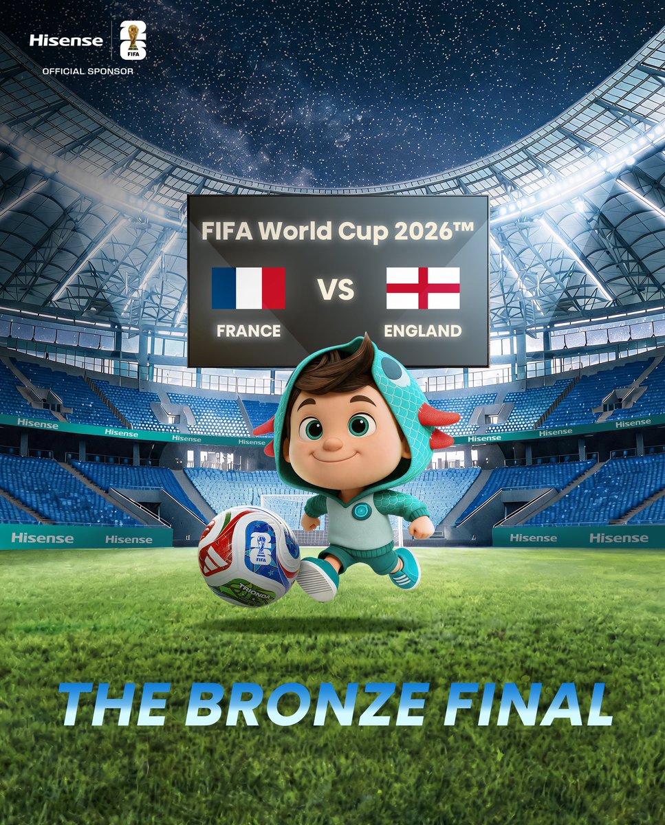 HisenseMalaysia's tweet photo. 🇫🇷 VS 🏴
📅 18.07.2026
🕒 17:00 (U.S. Eastern Time)
📍 Miami Stadium
One final challenge awaits. 🏟️
The FIFA World Cup 2026™ Bronze Final is here. Who will finish the tournament with a win? ⚽✨
#Hisense #InnovatingABrighterLife #FIFAWorldCup #WeAre26 https://t.co/xLCnkrFW6T