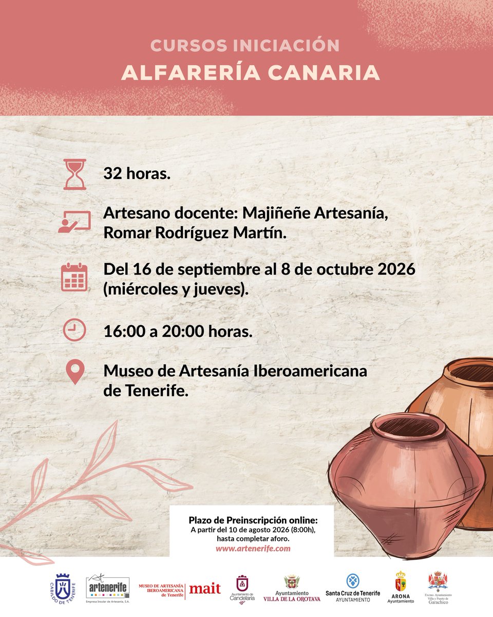 Artenerife_'s tweet photo. 🗣️✨ Convocatoria Plan FOrmativo en Artesanía 2026, Bloque III @Artenerife_ @CabildoTenerife 
👉🏻Destinatarios:
🔹Cursos Iniciación: Público en general, mayor de 18 años y residente en Tenerife. https://t.co/sT7XMFqWbk