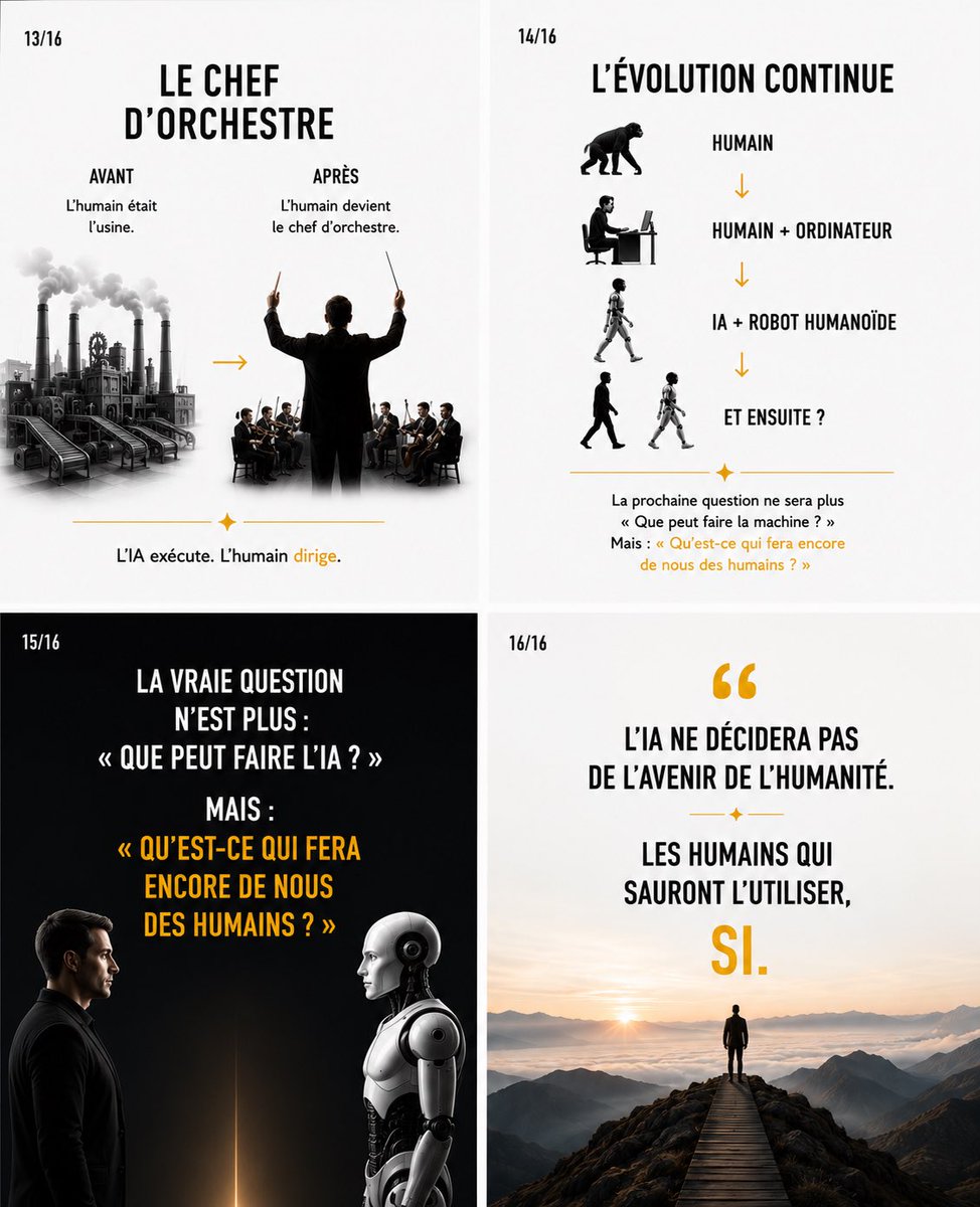 ArnaultChatel's tweet photo. L'IA ne remplace pas l'humain.
Elle change la règle du jeu.

Pendant des années, la valeur c'était de savoir faire.
Demain, tout le monde saura faire.

L'IA n'a pas supprimé le travail. Elle a déplacé le problème : de l'exécution vers l'idée.

Alors la vraie question n'est plus :
« Que peut faire la machine ? »

Mais :
« Qu'est-ce qui fera encore de nous des humains ? »

→ Le CV de demain ne valorisera plus vos compétences techniques.
Il valorisera votre jugement, votre créativité, votre vision.

→ Une armée de robots peut tout exécuter.
Ce qu'elle ne peut pas faire : décider où aller.

→ L'IA a inversé la pyramide.
Avant : beaucoup d'exécution, peu d'idées.
Après : l'inverse.

L'humain était l'usine.
L'humain devient le chef d'orchestre.

L'IA exécute. L'humain dirige.

L'IA ne décidera pas de l'avenir de l'humanité.
Les humains qui sauront l'utiliser, si.

👉 Swipe le carrousel.

#IA #AI #mbadmb