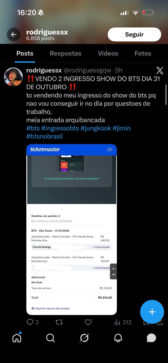 tatawxx_'s tweet photo. Está menina está aplicando golpe!!
Ela promete vender dois ingressos meia entrada pro show do BTS e não passa o ingresso!
🚨🚨🚨🚨
#ingresso #golpe #showbts #BTS_ARİRANG #bts #ingressofalso https://t.co/VsBHvWjUR0