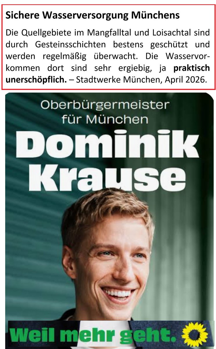 SHomburg's tweet photo. Münchens Grundwasser sei „praktisch unerschöpflich” schrieben die Stadtwerke München. Als der grüne OB Dominik Krause im Mai sein Amt antrat, wurde der Text gelöscht. Wie bei Corona werden Bürger von Weisungsabhängigen belogen. Der Brunnen ist die neue Maske.

Hintergrund: Die sinnfreie Brunnenschließung auf dem Münchner Marienplatz signalisiert eine diffuse Gefahr, die nicht durch Daten belegt wird, sondern eine rein politische Erfindung ist, um Bürger zu gängeln. Demselben Zweck dienten 2020-23 die sinnfreien Masken.

Es gibt noch eine Parallele: Das zentrale „Argument” für Verbote lautet, dass andere Gemeinden dasselbe machen. Jede KI sagt Ihnen, wie schlimm es aussieht. Die Messwerte sagen exakt das Gegenteil. Und die Wasserentnahmen sind viel geringer als früher, vor der Deindustrialisierung.

Link 1: https://t.co/ocAr0yu4h2
Link 2: https://t.co/bN1cMbgHDJ

Credit: @MatthiasFMohr