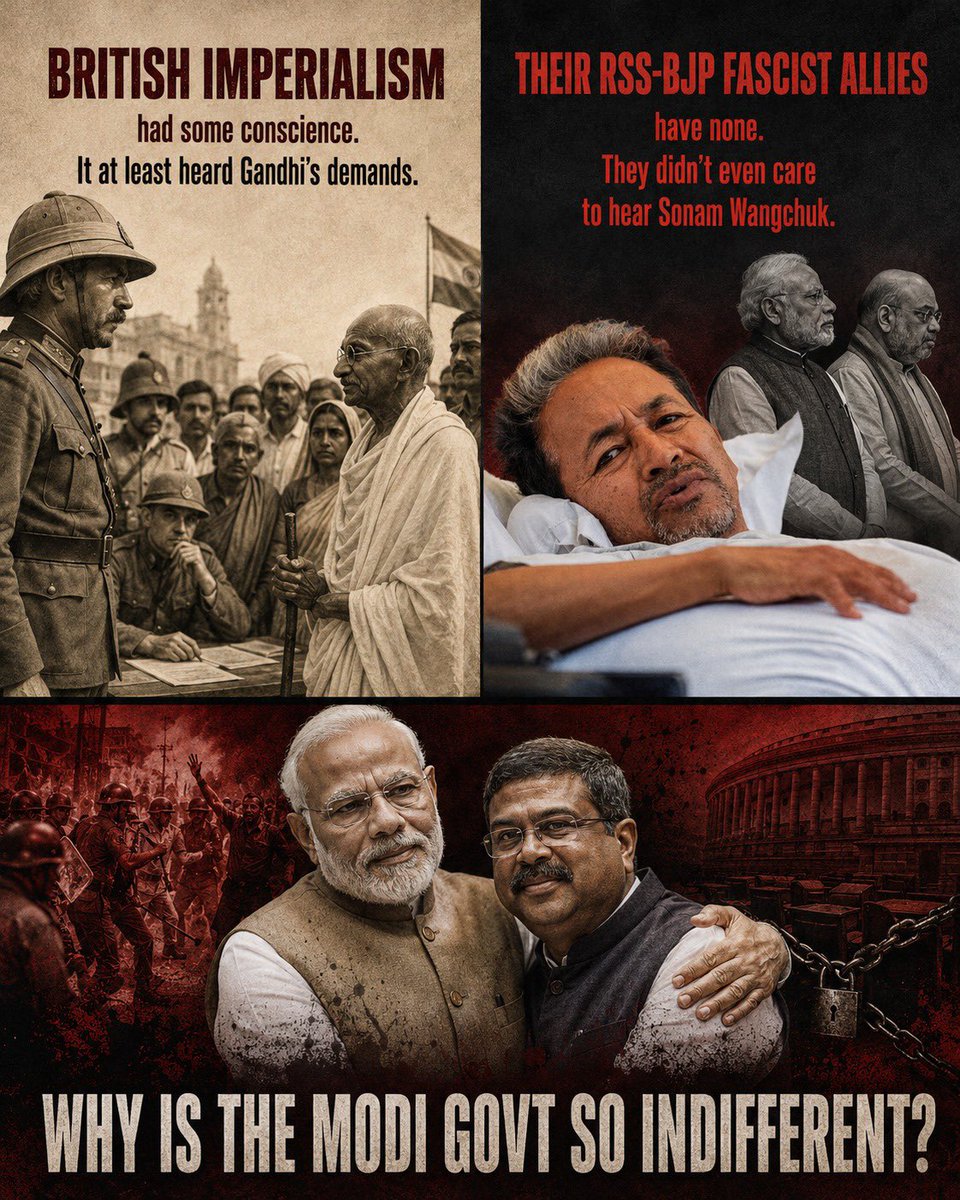 SouthStatesman's tweet photo. Even British imperialism was at least forced to hear #Gandhi’s demands.
But this #RSS-#BJP regime does not even care to hear #SonamWangchuk.
What does it say about a government that is so indifferent to peaceful dissent?
Why is the #ModGovt so determined to stay silent? https://t.co/HMM8vNPrV4