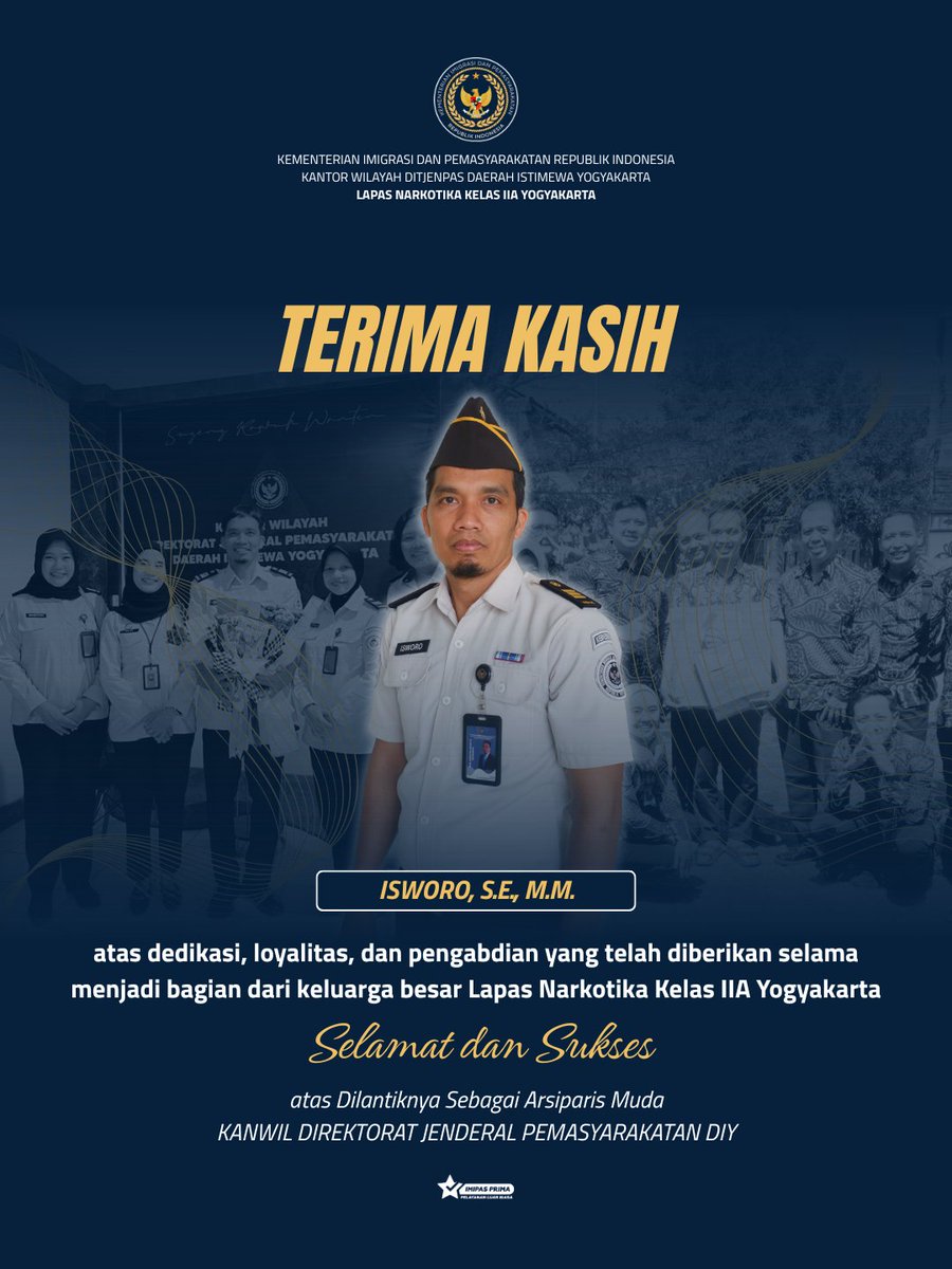lapsustik_yk's tweet photo. Terima kasih Bapak Isworo atas dedikasi, loyalitas, integritas, serta pengabdian yang telah diberikan selama menjadi bagian dari keluarga besar Lapas Narkotika Kelas IIA Yogyakarta. https://t.co/PdzWs9PUD6