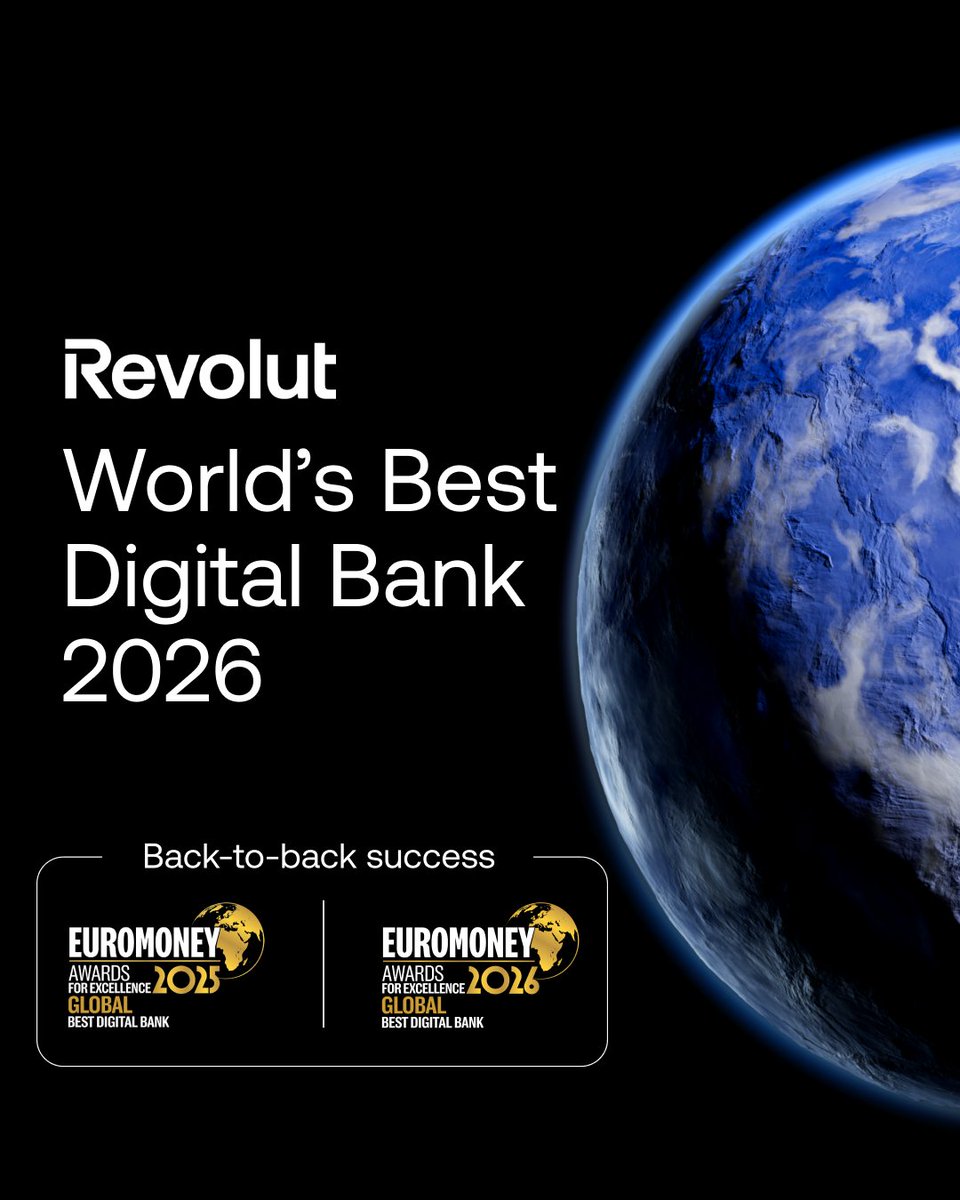 Revolut's tweet photo. History made. Again. 

We’ve just been named @euromoney's World’s Best Digital Bank – for the second year in a row.

Last year, we were the first neobank to ever win it. This year, we’re the only bank to ever defend the title.

Revolut is not a bank in all the countries it operates in, visit https://t.co/yFquGxYkIM for your local entity