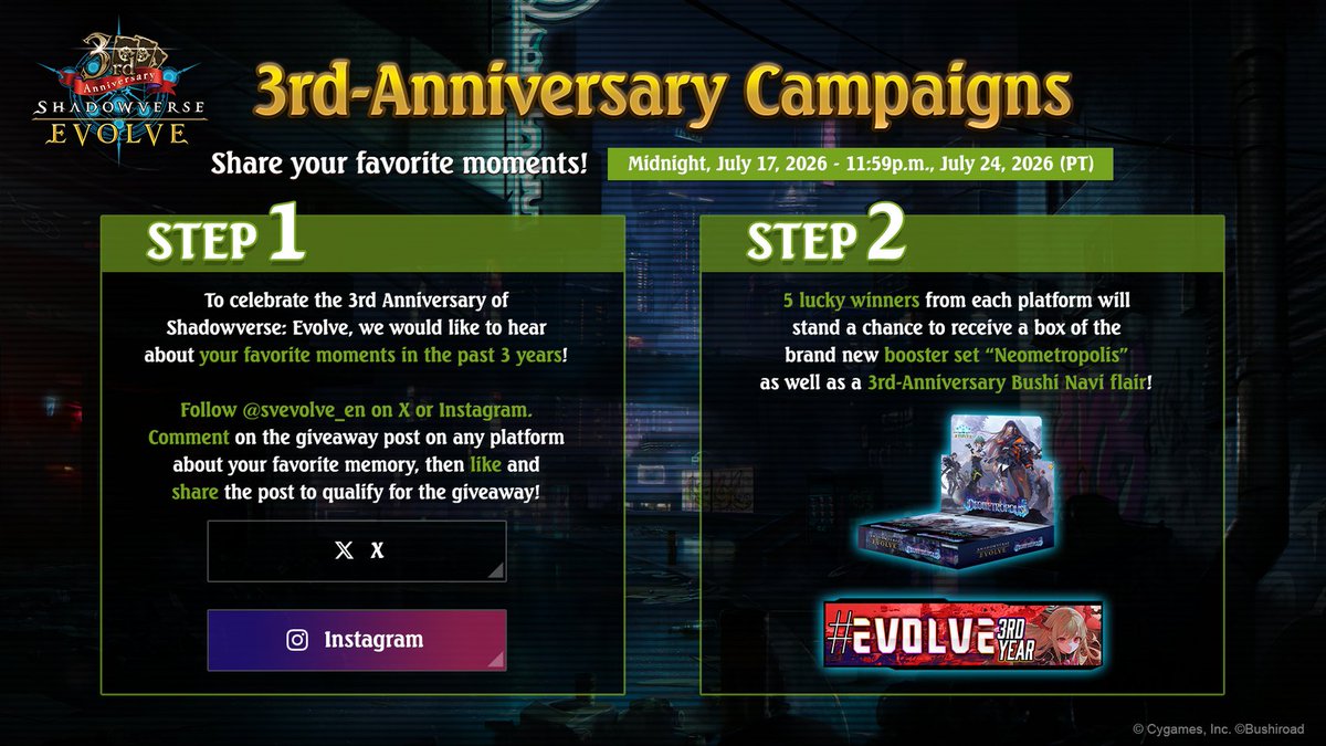 svevolve_en's tweet photo. In celebration of the 3rd anniversary of the English edition of Shadowverse: Evolve, we’re excited to launch our first giveaway: Share Your Favorite Moments!

Participate for a chance to win a box of the booster set, Neometropolis, and a 3rd-Anniversary Bushi Navi flair!

🔗 https://t.co/Bugpo0xtS9

#Shadowverse #ShadowverseEvolve