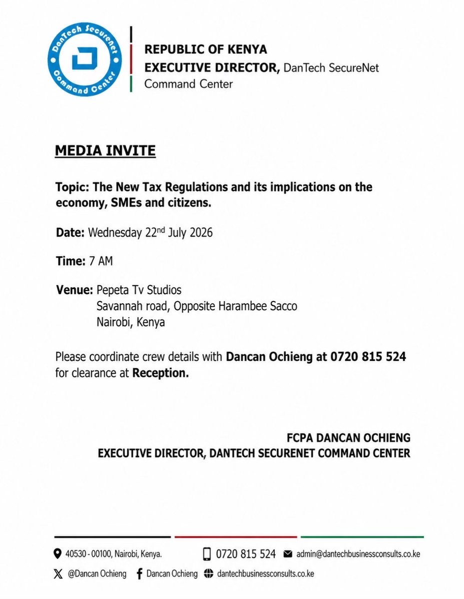ceodancan's tweet photo. Media Invite 
@ntvkenya @citizentvkenya @tv47news https://t.co/ZTJIjYjow9