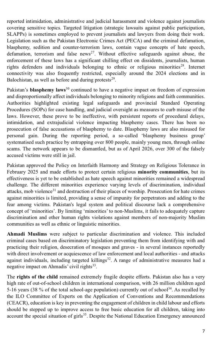 SabihaBaloch_'s tweet photo. The European Commission’s latest GSP Plus assessment presents serious concerns regarding Pakistan’s human rights record. The report identifies persistent forced disappearances, extrajudicial killings, arbitrary detention, restrictions on freedom of expression, shrinking civic space, and intimidation of journalists and human rights defenders. It further states that impunity for human rights violations remains a matter of major concern, particularly in Balochistan and Khyber Pakhtunkhwa.

The assessment also highlights the continued rise in cases of forced disappearances and questions the effectiveness of existing accountability mechanisms. It raises concerns over arbitrary detention under counterterrorism legislation, the lack of effective investigations and prosecutions, and the misuse of laws that undermine freedom of expression, peaceful assembly, and the legitimate work of journalists, lawyers, students, and human rights defenders.

Pakistan’s preferential access to the European Union market under the GSP Plus framework is linked to the effective implementation of 27 international conventions on human rights, labour rights, environmental protection, and good governance. Compliance with these obligations requires measurable progress in protecting fundamental freedoms, ending forced disappearances and extrajudicial killings, ensuring accountability, and upholding the rule of law in accordance with international standards.

@EU_Commission, @Europarl_EN, @EU_EEAS, @EUCouncil, @Kajakallas, @MartaKosEU, @EUSR_HumanRights, @EP_HumanRights, @EP_ForeignAff, @EUombudsman, @FRA_EU, @UNHumanRights, @volkerturk, @UN_SPExperts, @amnesty, @hrw, @fidh_en, @frontline_def, @OMCTorg, @CIVICUSalliance to continue rigorous monitoring of Pakistan’s compliance with its GSP Plus commitments and to ensure that forced disappearances, extrajudicial killings, freedom of expression, freedom of peaceful assembly, and the protection of human rights defenders remain central to all future engagements.