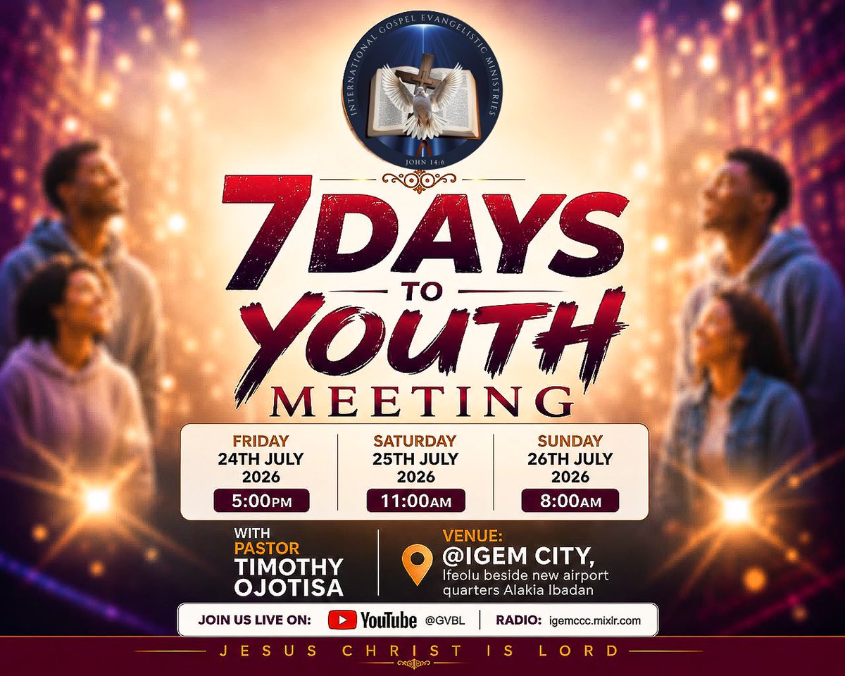 igemcity's tweet photo. 🎉 7 DAYS TO GO! 🎉
 God has prepared something extraordinary for every young person. Don't miss this divine appointment
#igemccc #7DaysToGo #Youthmeeting #royalempowerment https://t.co/66V9ySLD2n
