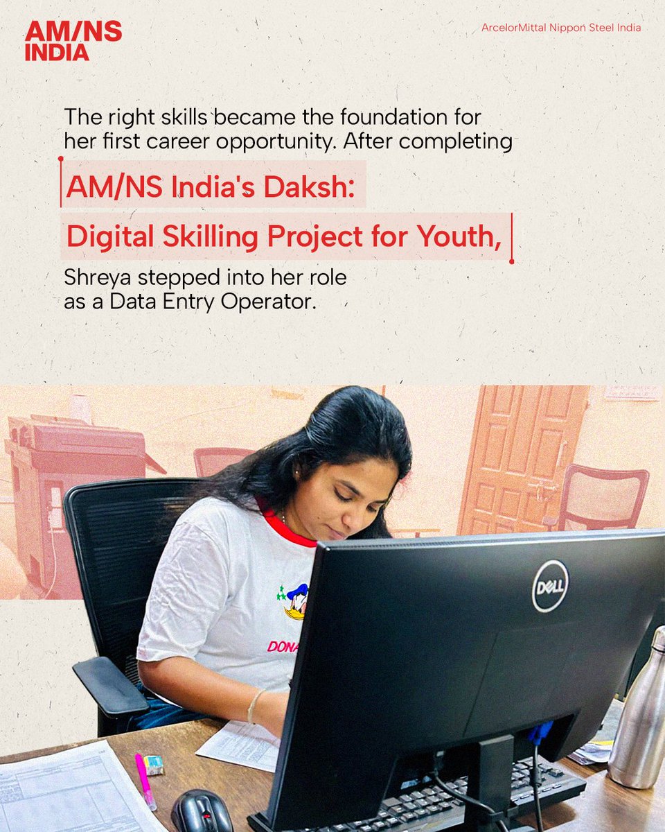 AMNSIndia's tweet photo. The future of work belongs to those ready to learn &amp; adapt. Through AM/NS India’s DAKSH: Digital Skilling Project for Youth, Shreya Patel from Hazira, Gujarat gained training in data analytics, digital tools &amp; interview prep, launching her career as a Data Entry Operator. https://t.co/MPBtYITgfP