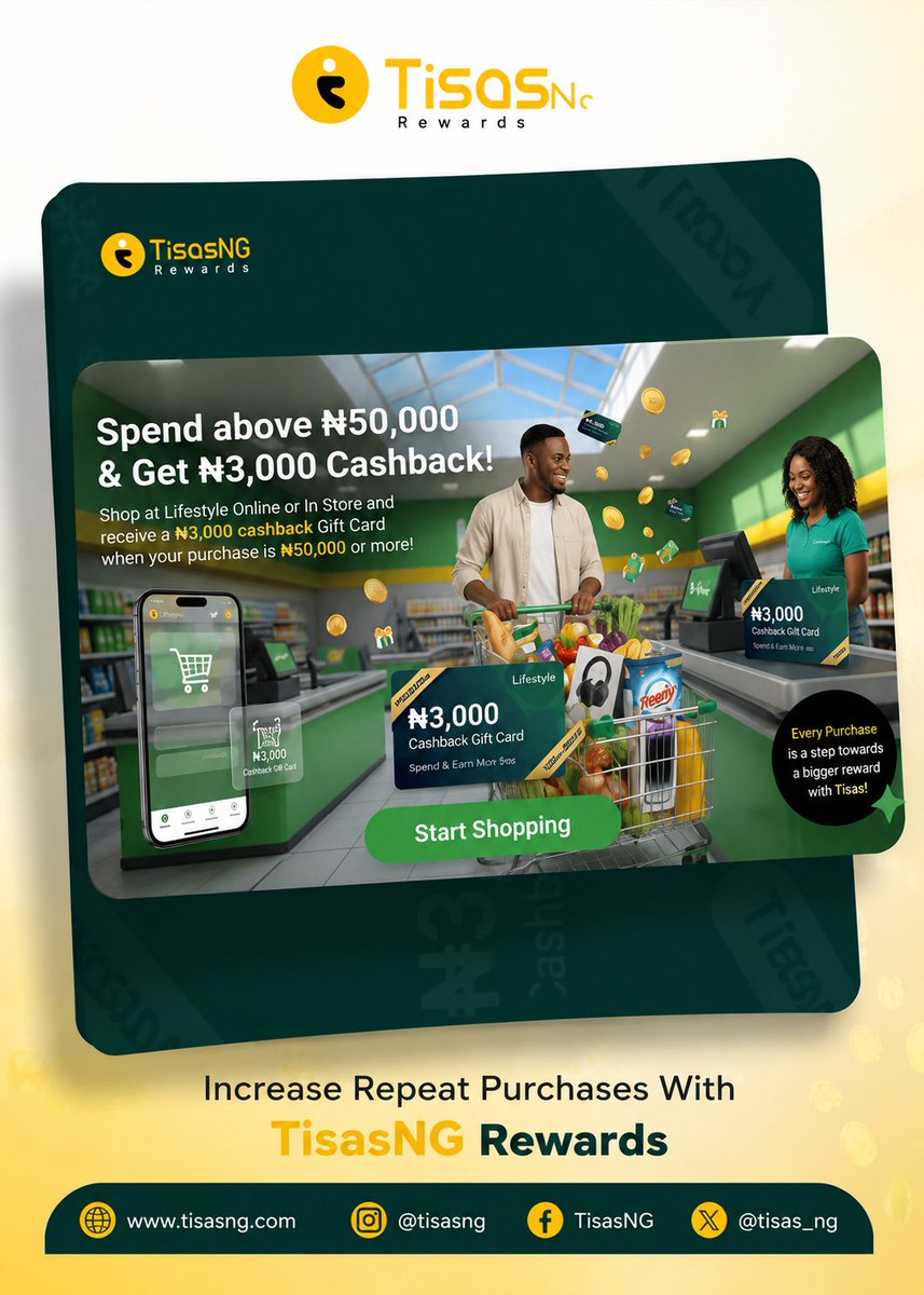 Tisasng's tweet photo. Increase Repeat Purchases with Instant Cashback

Reward your customers while boosting sales. For one month, shoppers who spend ₦60,000 or more receive a ₦3,000 gift card as instant cashback for their next purchase.

Ready to grow customer loyalty? Visit https://t.co/R8aAqrETVn. https://t.co/5u2RQws2JN