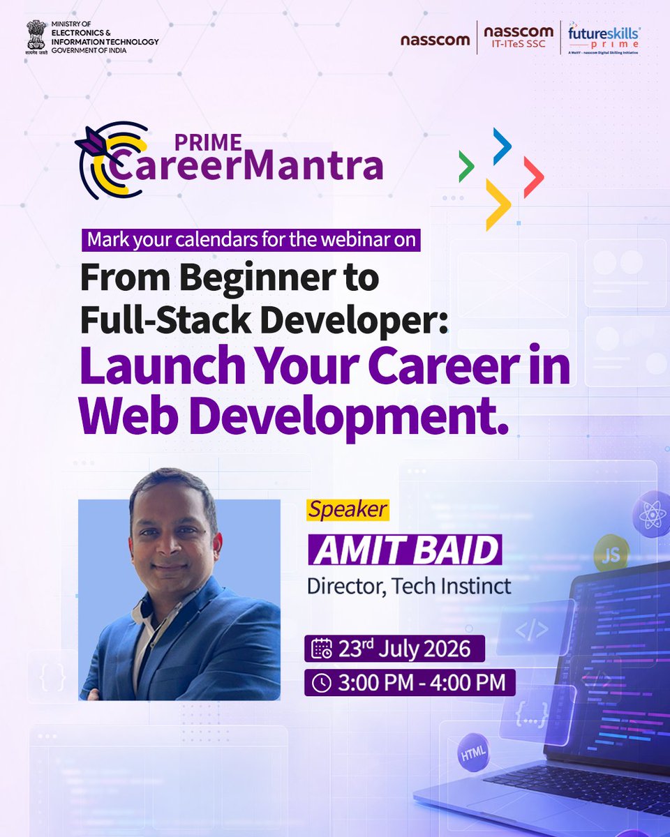 fsprimeofficial's tweet photo. Ready to build a career in web development?
Join us for the webinar on "From Beginner to Full-Stack Developer: Launch Your Career in Web Development" &amp;  gain insights into the web development landscape,essential full-stack skills,learning pathways &amp; emerging career opportunities. https://t.co/TQZUDgvi5F