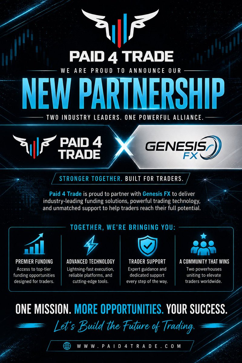 Paid4Trade's tweet photo. We are proud to officially announce our strategic partnership with Genesis FX!

What’s New with Genesis FX?

✅ AI-powered trading tools
✅ Built-in trade journal
✅ Embedded trade coach
✅ Live market news

Trade With Confidence. Build With Discipline. https://t.co/76dplcJN15