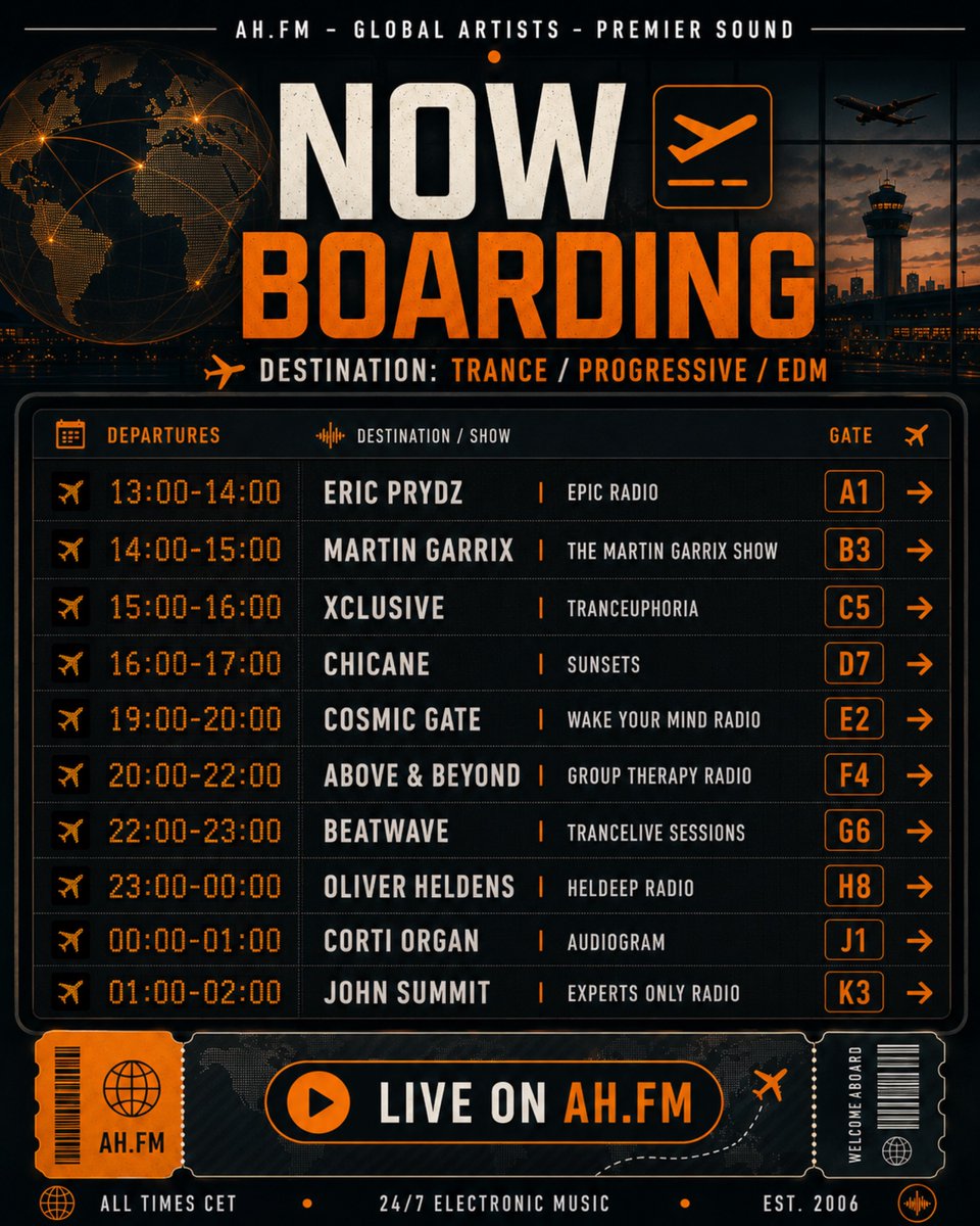 AfterhoursFM's tweet photo. Boarding starts 13:00 CET with exclusive shows from @martingarrix @DjsXclusive @BeatwaveTrance @cosmicgate @NickChicane @aboveandbeyond @oliverheldens @CortiOrgan @ericprydz @johnsummit  +++ https://t.co/YKq9B0SRMc https://t.co/WGojflwaDh