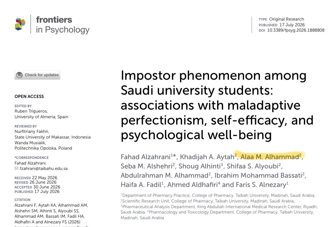alaa18903's tweet photo. My 3rd research paper is finally published in Frontiers in Psychology (Q1). 🔍
رحلة دامت سنتين مليئة بالتحديات والمعرفة و الانجازات مع هذا البحث  توجت بالنشر الحمدلله، فخورة بهذا الإنجاز وممتنة لكل من كان جزءًا منه https://t.co/dWBAlkjIVf
