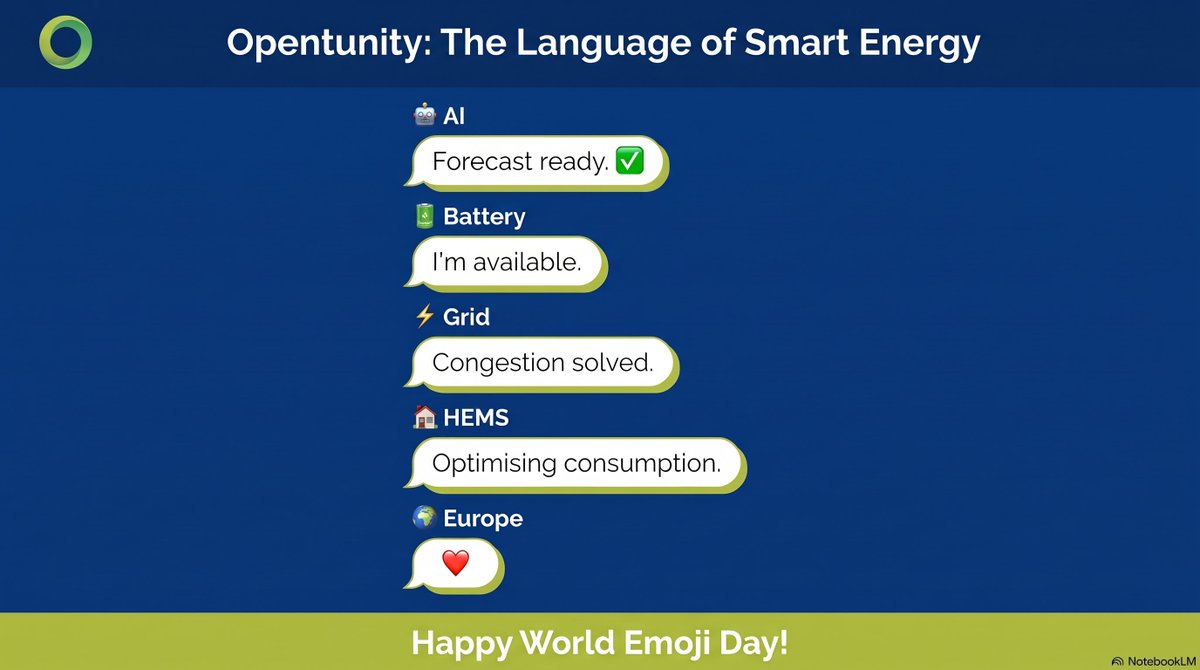 OpentunityEU's tweet photo. If #OPENTUNITY had a group chat… 🤖➕🔋➕⚡➕🏠➕🌍
Jst like that… a complex #energysystem becomes a coordinated and flexible ecosystem.
Even the #energytransition can be explained like a conversation. 😉
Happy World Emoji Day! 🎉⚡
👉 How would YOU add to this chat? https://t.co/eNiE0l52BL