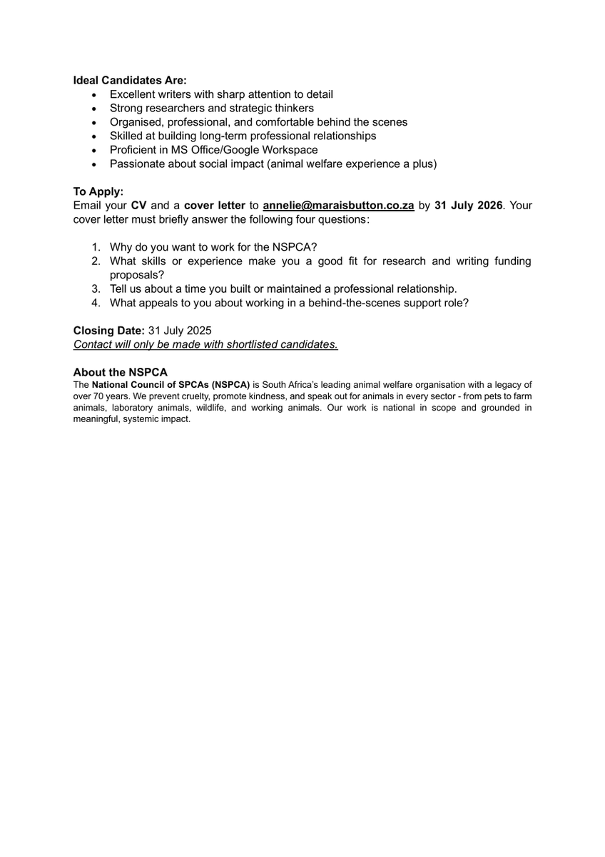 yuthconnect's tweet photo. 📌The NSPCA is looking for a research-savvy, thoughtful, and detail-oriented individual to join its Communications Unit as a Grants and Major Donor Officer. This is a desk-based role focused on writing, research, and long-term donor stewardship - not events or public-facing fundraising