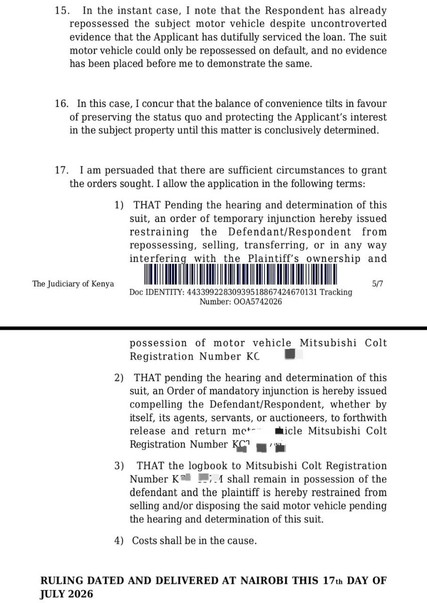 Thuranira_1's tweet photo. The Court has ordered Ngao Credit Limited to release my client's motor vehicle, which it illegally repossessed despite my client having already repaid KShs. 254,909 on a loan of  KShs. 120,000 more than twice the principal amount. Despite these payments, Ngao Credit continued demanding a further KShs. 258,424.22  based on unlawful interest and penalty computations. 

In its ruling, the Court found that my client had established a prima facie case, noting that the evidence showed the principal loan had already been repaid nearly twice over. The Court also observed that Ngao Credit had not produced any evidence of default to justify repossessing the vehicle.

The Court consequently issued a mandatory injunction compelling Ngao Credit to immediately release and return the motor vehicle, while also restraining it from repossessing, selling, transferring, or otherwise interfering with the vehicle.