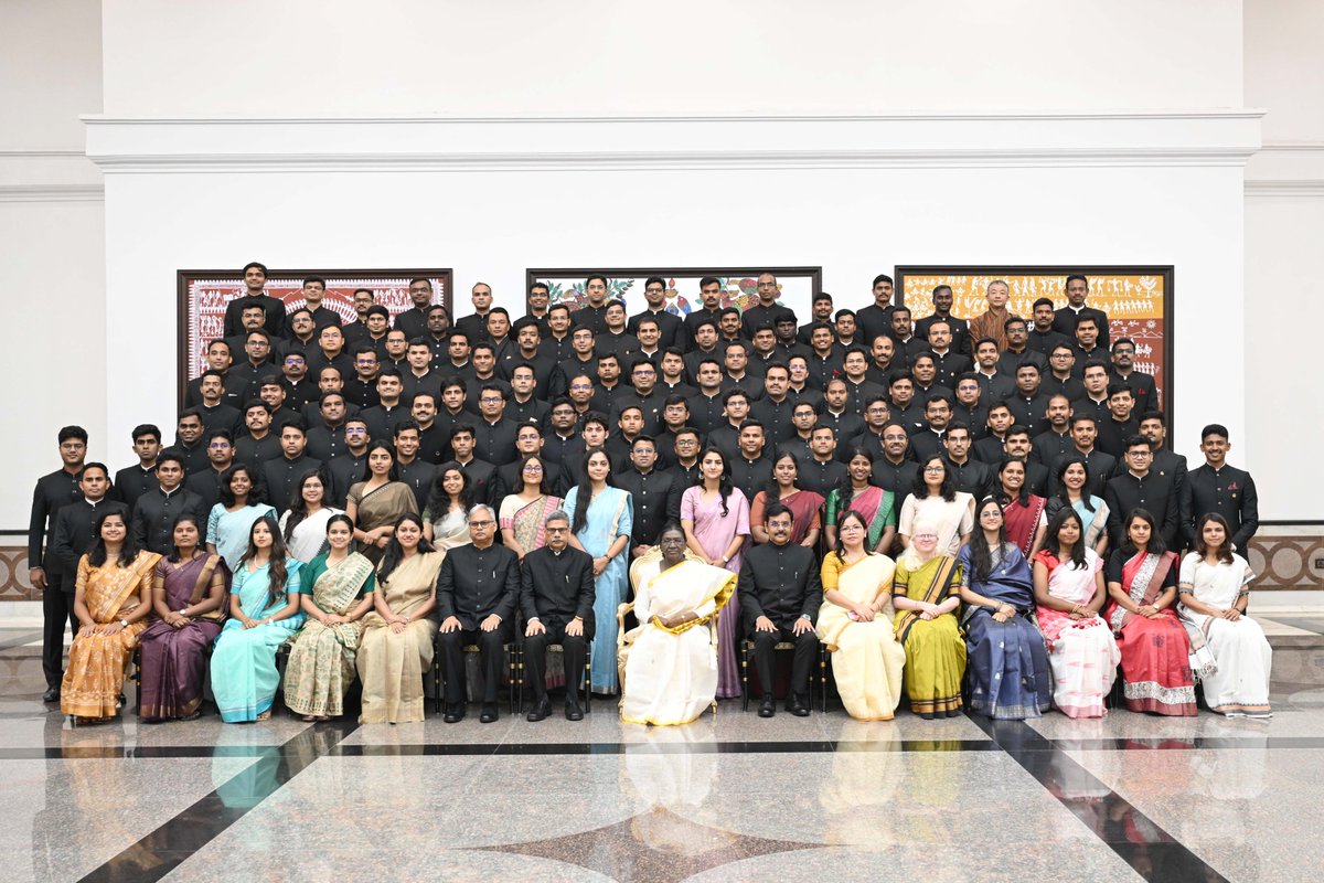 rashtrapatibhvn's tweet photo. Probationers of the Indian Forest Service called on President Droupadi Murmu at Rashtrapati Bhavan Cultural Centre. The President underlined that ecological protection must be harmonized with the legitimate aspirations of people who live in and around forests.
She advised them to encourage people's participation in conservation, restoration and sustainable livelihood initiatives. She said that the best decisions often emerge when scientific evidence is combined with wisdom gained through experience and dialogue with people.