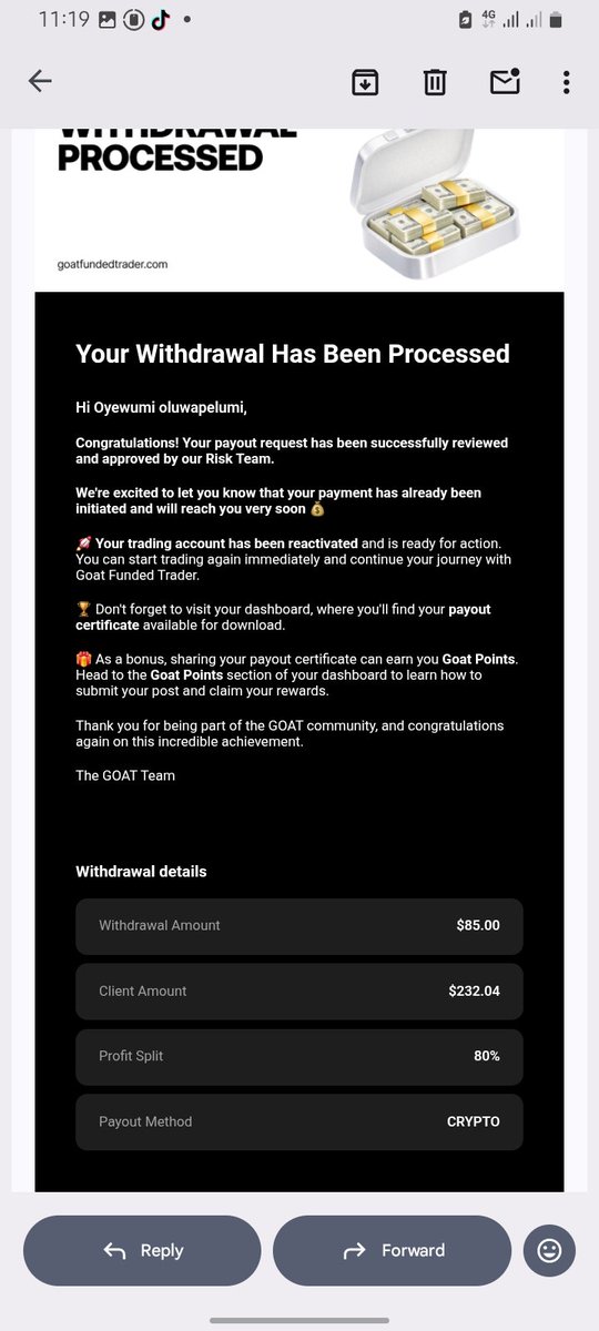 oyepels's tweet photo. @Aliyos__k @GoatFunded @EdwardXLreal @Haruna_gft @NosaAdrian @NazGFT @HafeezGFT @bintugft @Siya_GFT @igweGFT @Paulgft1 But I don't think this is true bcos I used the same gft and I requested for $290 payout and they sent only $85 without any explanation https://t.co/4dMqBr94Nx