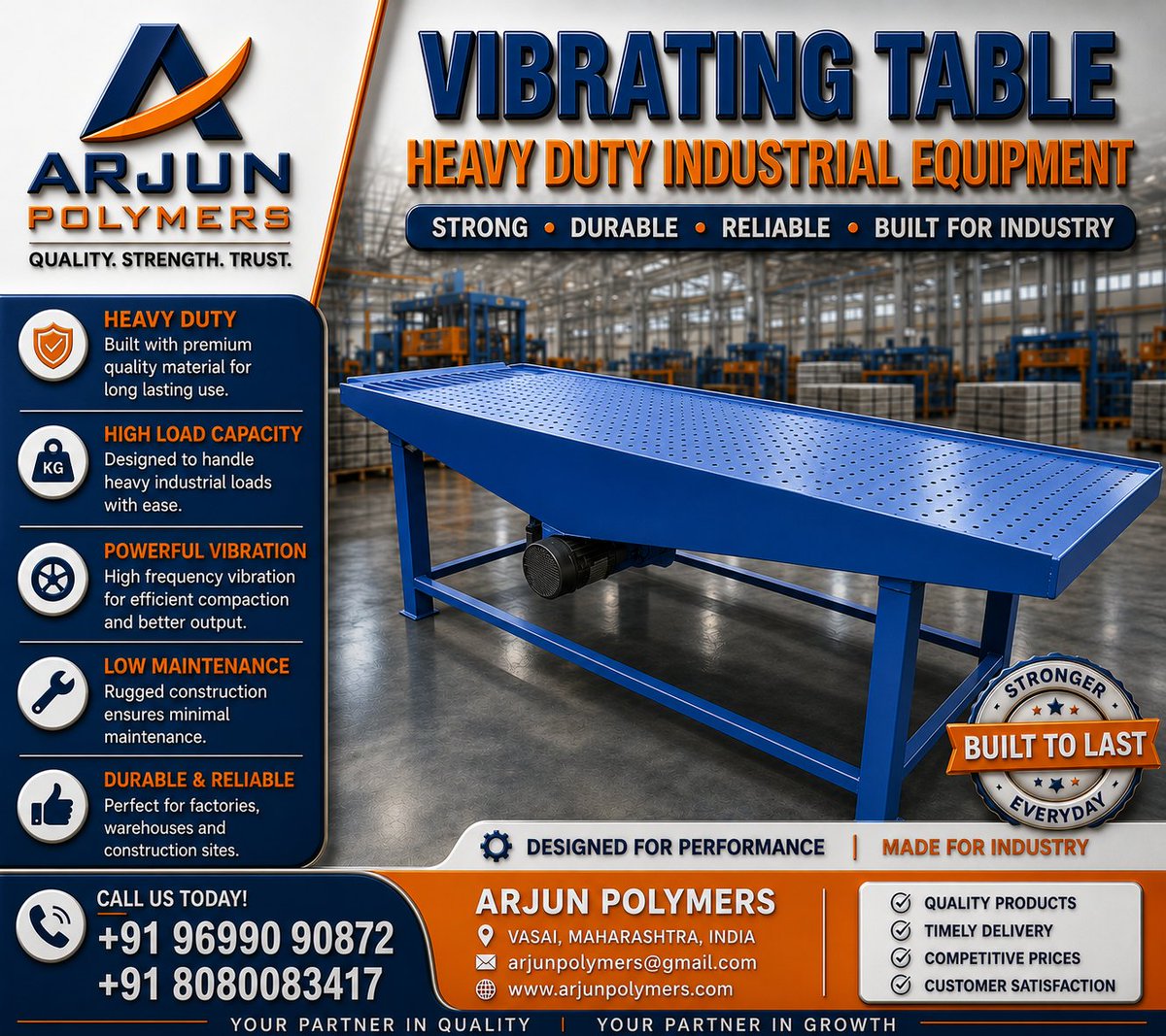 arjun_moulds's tweet photo. 🏗️ Boost your production with Arjun Polymers' Heavy Duty Vibrating Table.

✅ Powerful &amp; Uniform Vibration
✅ Heavy Duty Construction
✅ Low Maintenance
✅ Custom Sizes
📞 +91 96990 90872 | +91 80800 83417
#VibratingTable #PaverBlock #ConstructionEquipment #Manufacturing https://t.co/txrY16furO