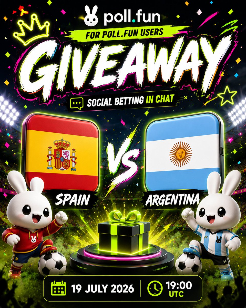 Pollintern's tweet photo. GIVEAWAY: 3 credit codes on @polldotfun in Final WC match🎁

Rules: 

👉Follow @polldotfun and @Pollintern 

👉 Like and retweet this post https://t.co/7SYl7BHNjo

👉 Guess the scores of Spain- Argentina match

⌛️Deadline: 19:00 UTC 19 July, 2026

We will pick 3 winners radomly who complete all the tasks and guess the right scrore.

⚠️Only users who finish all tasks are eligible for the reward