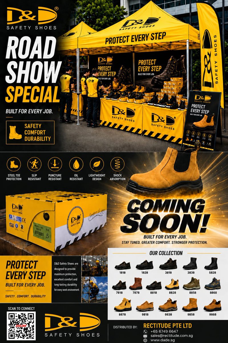 RectitudeHL's tweet photo. 👞D&D Safety Shoes Roadshow coming soon! Stay tuned for details.
📧Contact us at sales@rectitude.com.sg for any enquiries!
👉Visit us at https://t.co/7BCzxuK0FP or https://t.co/mgx5iC6xRo!
#Singapore #safety #safetyshoes #safetyfootwear #safetyfirst #WorkReady #roadshow https://t.co/3eMkl1qXxr
