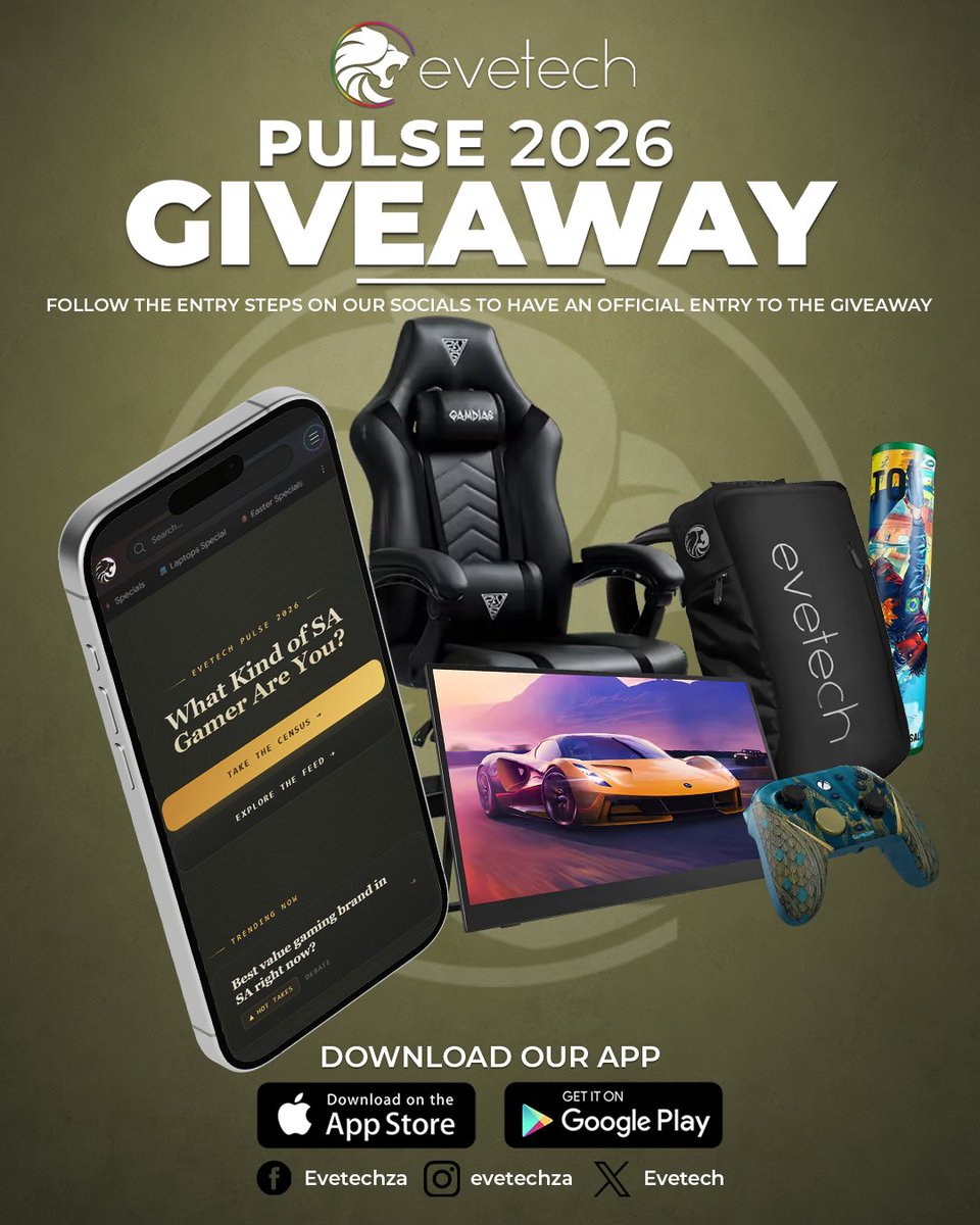 Evetech's tweet photo. 🎮 THE EVETECH PULSE GIVEAWAY IS LIVE! 🎮
Three winners. Three epic prize bundles. COULD IT BE YOU? 👀🔥

How to enter:
✅ Follow evetech and like this post
✅ Sign up or log in on the evetech website (App version LIVE next week)
✅ Click the evetech PULSE banner on our website.
✅ Complete all 8 questions in the CENSUS and get your GAMING DNA CARD
✅ Answer a minimum of 15 questions in EXPLORE THE FEED section
✅ Share your Gaming DNA Card in the comments and tag a friend

The more questions you answer in EXPLORE THE FEED, the better your chances of winning! Sign up or Login here : https://t.co/ZKHO2smkFr

🏆 1st Prize:
UPERFECT UGame K7 17.3" QHD Portable Gaming Monitor + evetech Mousepad + evetech Backpack

🥈 2nd Prize:
Gamdias ZELUS E5 Gaming Chair + evetech Mousepad + evetech Backpack

🥉 3rd Prize:
GameSir G7 Pro WUCHANG: Fallen Feathers Edition Wireless Controller + evetech Mousepad + evetech Backpack

📅 Giveaway runs from 17 July to 1 August 2026

📢 Winners will be announced on our socials on 1 August 2026

PLEASE NOTE:
- Open to South African residents only.
- Make sure to sign up or be logged in before completing the CENSUS or Live feed
- You must complete both the CENSUS and EXPLORE THE FEED to qualify.
- Winners are randomly selected through the evetech PULSE platform
- Beware of scams. We'll never ask for personal info.
- We won't announce winners in comments or ask you to click links
- Terms and conditions apply