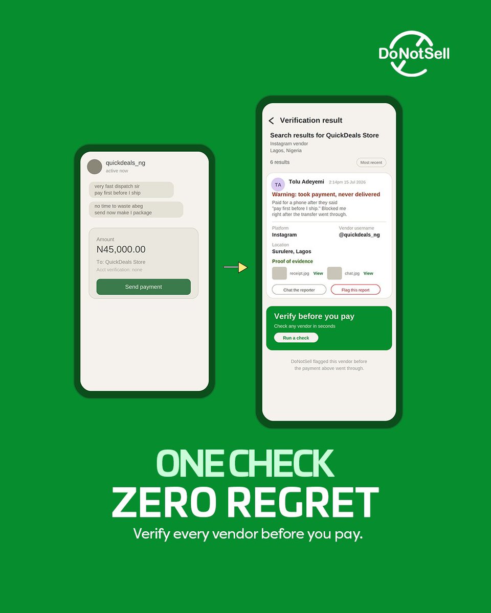 Donotsellapp's tweet photo. Before you send that money, verify the vendor first. It takes  a minute, saves you from months of regret, endless “please refund me” messages, and that heavy feeling of knowing you got played. 

#DoNotSellApp https://t.co/eqT8AEXzkV