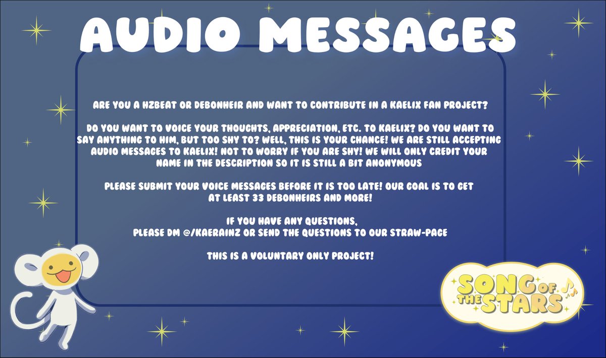 _songofthestar's tweet photo. ٠ ࣪⭑ 星の詩 | AUDIO MESSAGES ── .✦︎. 

♪★ stars twinkled above, singing a soft sweet lullaby 

we are still open for audio messages! the goal is to get 33 debonheirs or more since 3 is kaelix's favorite number!

submit here!
https://t.co/2IlFXodlXU

#sotsproject https://t.co/LfpQHXhGCH