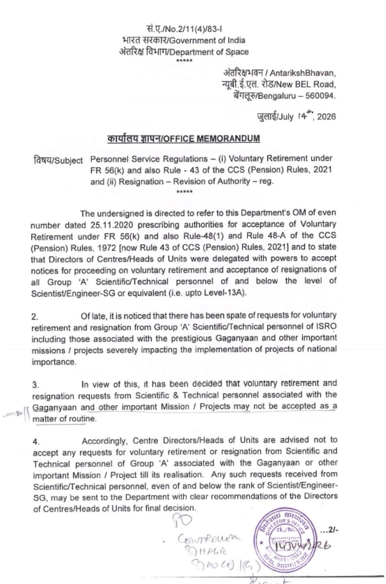 CgBhaskarNews's tweet photo. Voluntary retirement and resignation requests from Scientific & Technical personnel associated with Gaganyaan and other important Missions/Projects may not be accepted as a matter of routine: Government of India

#CGBhaskar #GovernementOfIndia #Democracy #ISRO #PMModi #Parliament #Gaganyaan