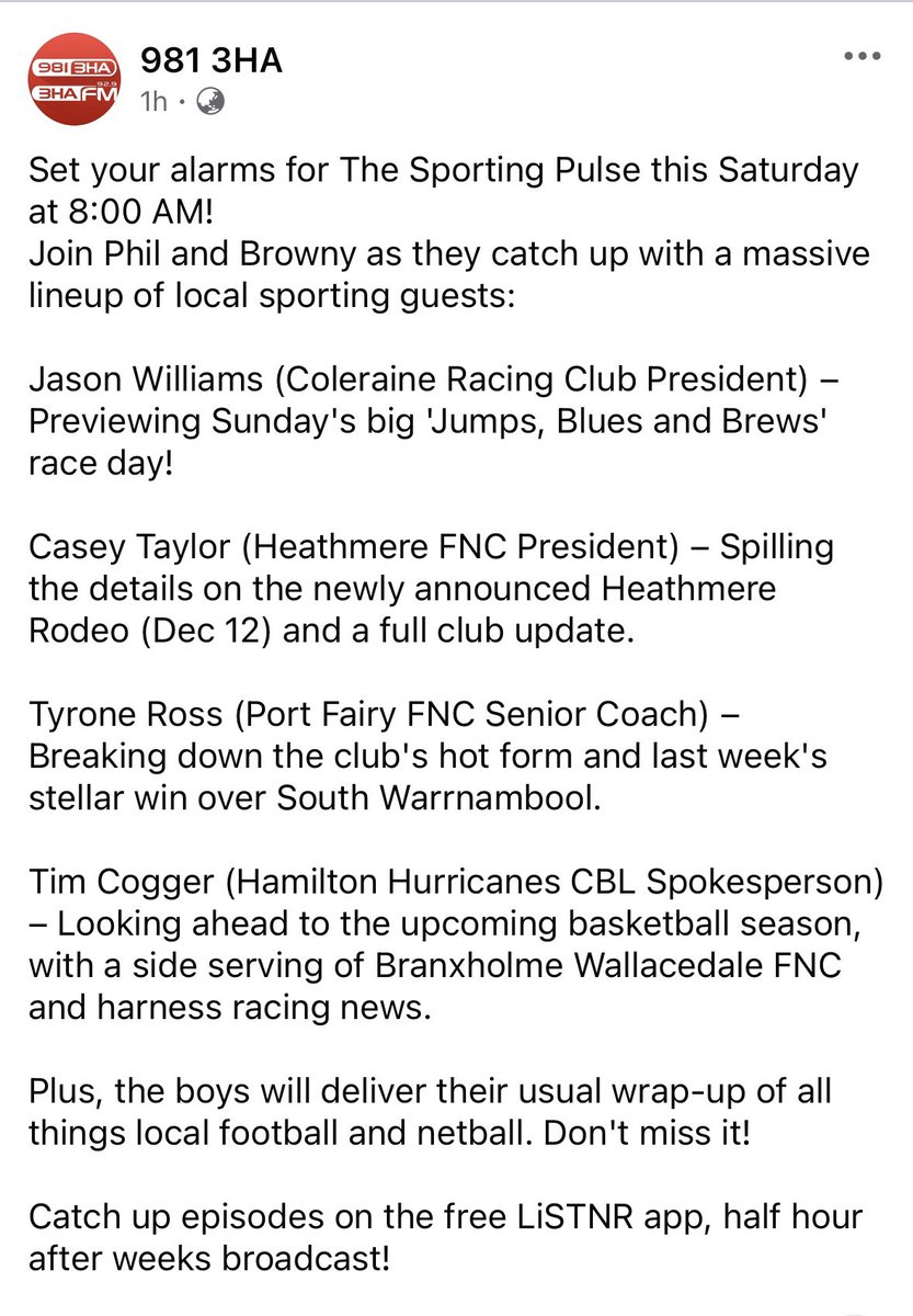 AB_Browny's tweet photo. Racing, football/netball and basketball all covered t’ow morning on the #SportingPulse on 981 3HA. A shout out to former Coleraine Racing Club President, Rod Neeson, who held the position for about 30 years! He’s now VP to new President, Jason Williams …
https://t.co/3g6hY7643H https://t.co/RGNIkTddnQ