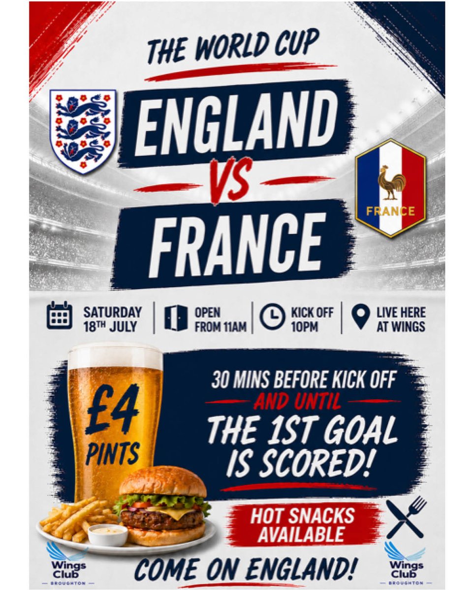 BroughtonWings's tweet photo. Join us at Wings Bar for the England France match tonight - All Welcome. Don't miss out on our special £4 pint offer! 30 mins before kick off!
#worldcup26 #bar #venuebroughton #wings #england #wingmakers https://t.co/luCsvmnfkX