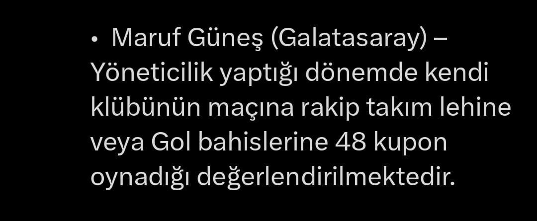 eyupyildiz's tweet photo. Maruf Güneş yöneticisi olduğu takımın aleyhine bahis oynamış.
Yani ortada Galatasaray lehine bir durum yok, GS adına olumsuz yani cezai bir durum olacağını düşünmüyorum.
Diğer taraftan bir yöneticinin böyle bir davranış yapması kabul edilemez. https://t.co/3Jpfgay5Du