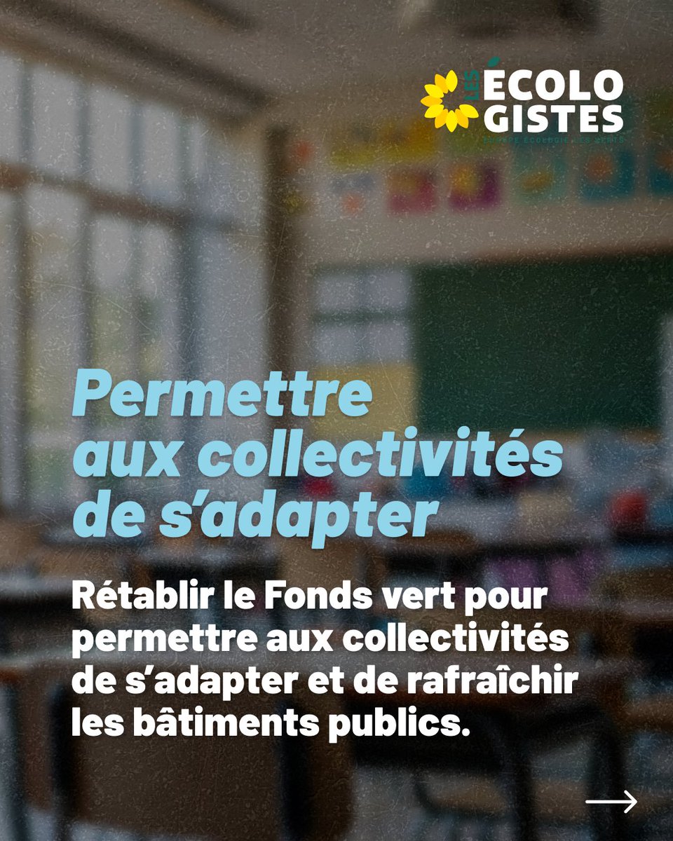 EELV's tweet photo. Il est temps de préparer nos villes, nos campagnes et nos services publics aux conséquences du réchauffement climatique.

Face aux canicules, l'extrême droite n'a qu'une seule obsession. Nous, nous avons un plan global.

Voici nos 7 mesures concrètes pour sauver nos territoires et celles et ceux qui y vivent. 7 mesures pour 7 milliards d'euros d'investissements par an d'ici 2032.

(2/3)