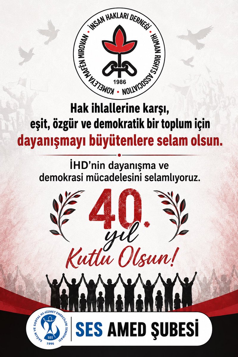 sesamed21's tweet photo. Slav li hemû kesên ku ji bo li dijî binpêkirinên mafan, civakeke wekhev, azad û demokratîk mezin dikin.
 Em têkoşîna ÎHD’yê ya ji bo mafên mirovan, piştgirî û demokrasiyê silav dikin.
 40. salvegera damezrandina ÎHD’yê pîroz be!
🎉🎉🎉🎉🎉🎉🎉🎉🎉🎉🎉🎉
 Hak ihlallerine karşı, eşit, özgür ve demokratik bir toplum için dayanışmayı büyütenlere selam olsun.
 İHD’nin dayanışma ve demokrasi mücadelesini selamlıyoruz. 
 İHD’nin 40. yılı kutlu olsun!