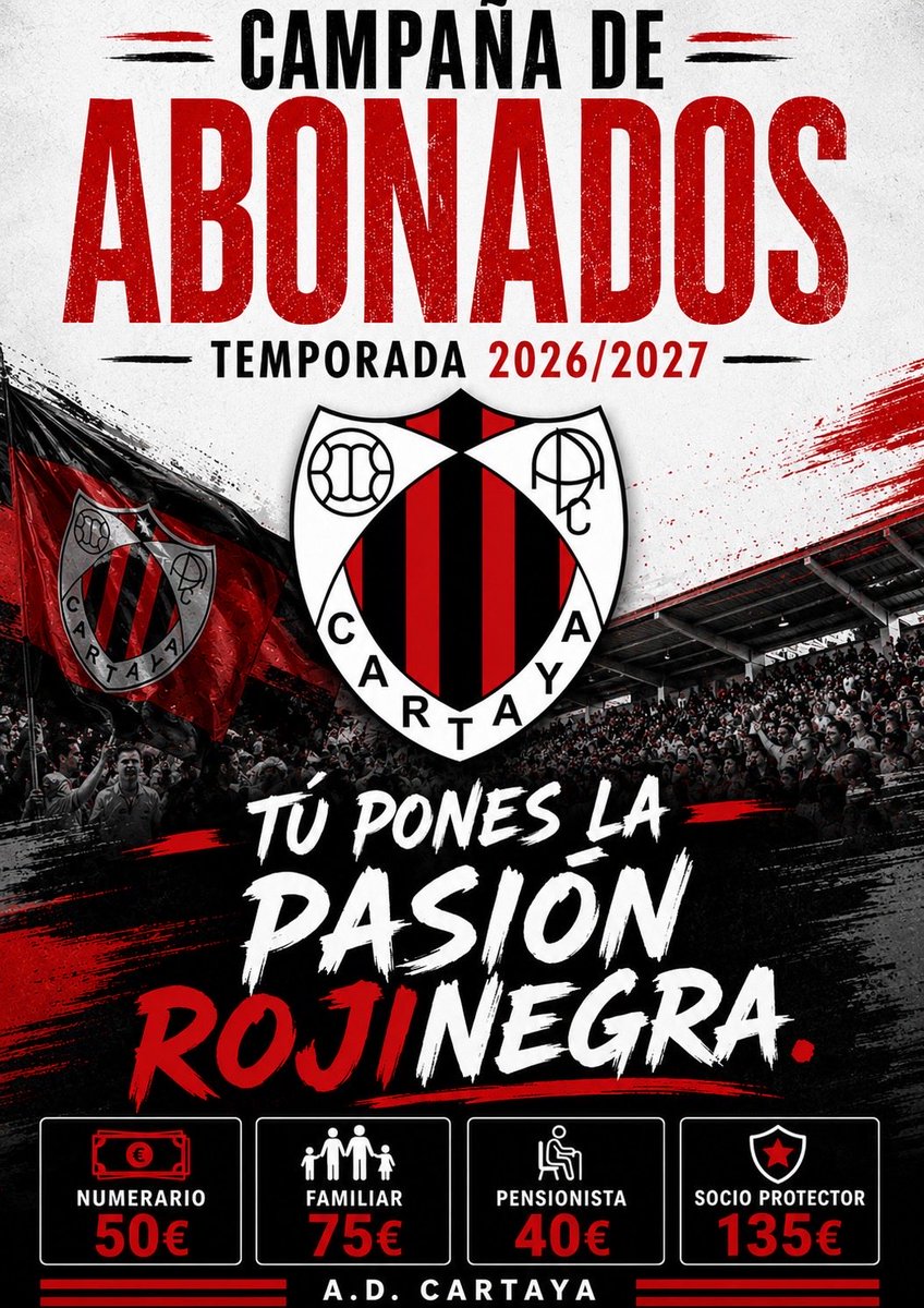 AD_Cartaya's tweet photo. ¡¡ABÓNATE!! 🔴⚫

Ha llegado el momento que toda Cartaya estaba esperando. Lanzamos oficialmente la Nueva Campaña de Abonados de la Agrupación Deportiva Cartaya para esta temporada. 

🔹 Numerario: 50 €
🔹 Familiar: 75 €
🔹 Pensionista: 40 €
🔹 Protector: 135 € https://t.co/HqGJuPcGMu