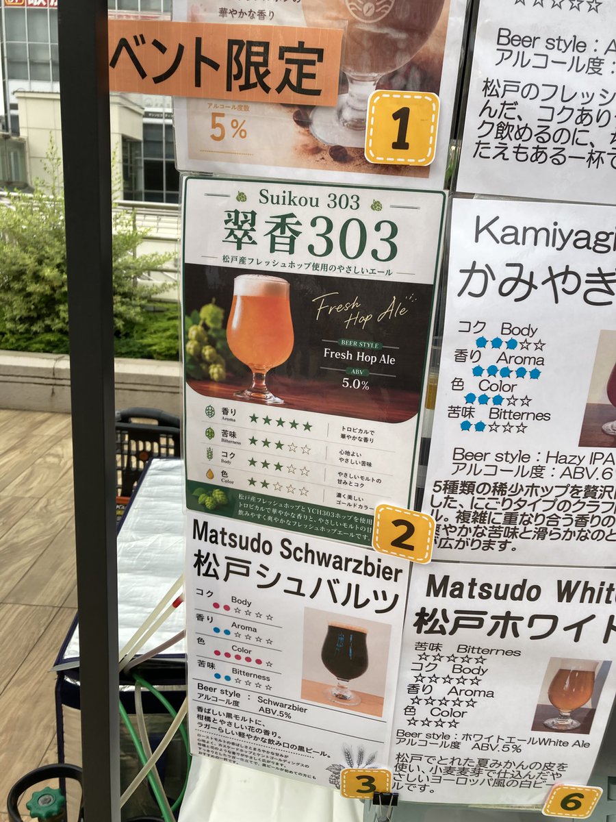 idemitsumitsuo's tweet photo. 流山麦酒　守IPA

松戸ビール　翠香303 Fresh Hop Ale

前者は王道IPA👍

後者は松戸産ホップを使用して香り⭐️⭐️⭐️⭐️⭐️でしたが…私の求めている香りではありませんでした…が、す〜っとする豊かな木の香り👌←味音痴の感想 https://t.co/OCqTwYFDfp
