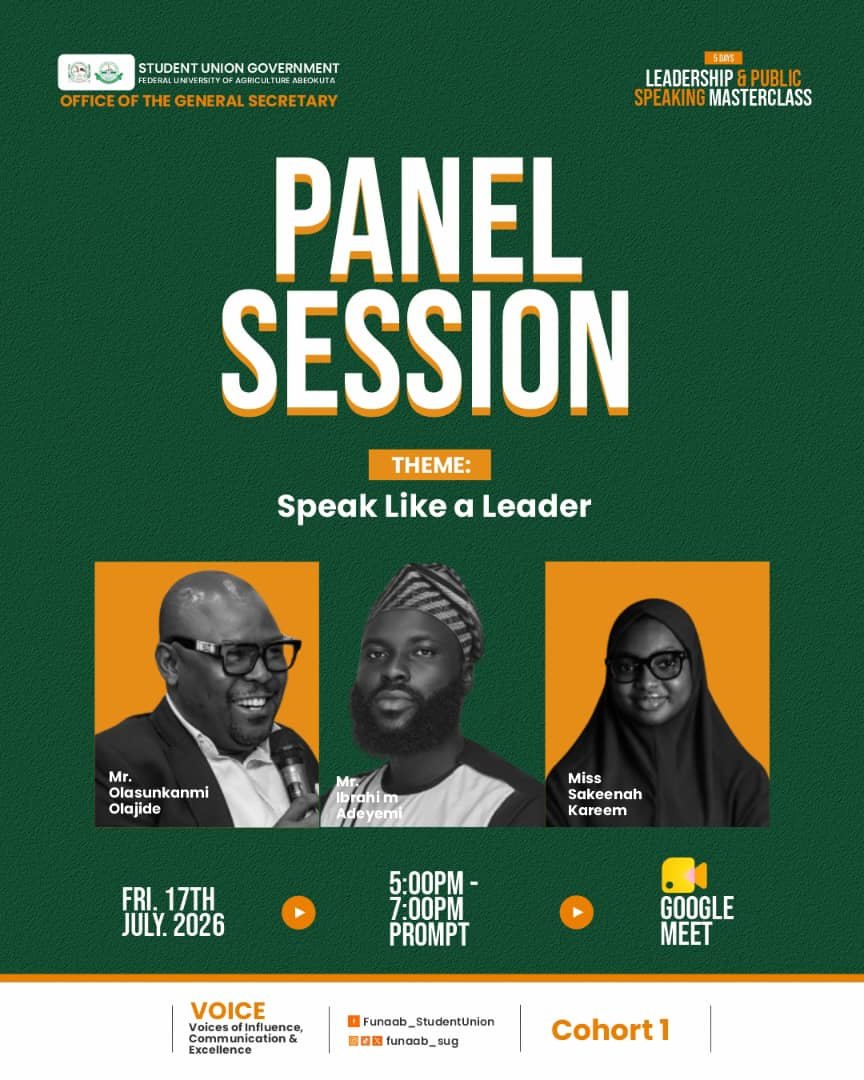 FUNAAB_SUG's tweet photo. THE GRAND FINALE & GRADUATION! 🎓

​Today, our 5-Day Masterclass wraps up with an elite panel session and our official graduation ceremony!

​Get ready to learn the secrets of executive presence, receive your certificates, and celebrate the completion of Cohort 1! 

We can't wait to see you all there! 🚀