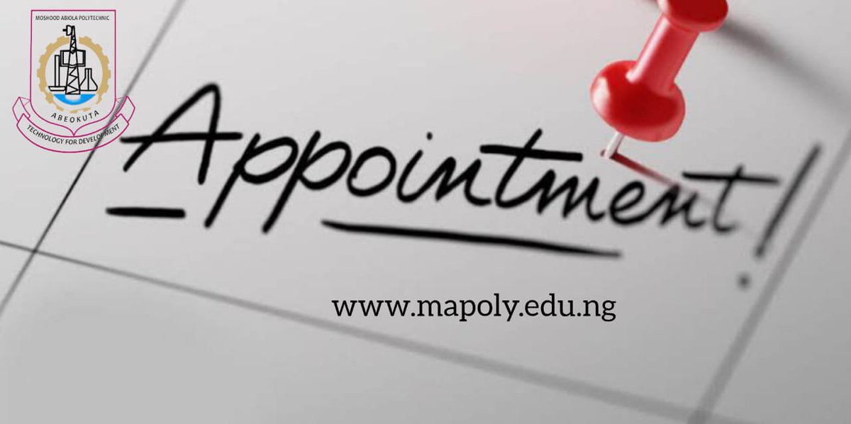 MAPOLYinfo's tweet photo. MAPOLY GOVERNING COUNCIL APPROVES APPOINTMENT OF 24 SENIOR ACADEMIC STAFF

Authorities of Moshood Abiola Polytechnic, Abeokuta, have approved the appointment of 24 Senior Academic Staff of the Polytechnic.

https://t.co/6GJoeHu31y https://t.co/X7BOjMCfca